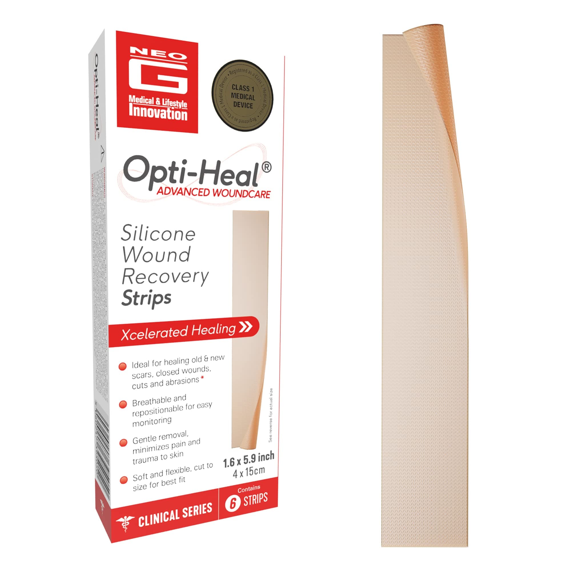 Neo G Opti-Heal Wound Recovery Silicone Scar Strips for Surgical Scars, C Section, Burn, Acne, Keloid Treatment - Medical Silicone Scar Sheets - New and Old Scar Treatment - 1.6 x 5.9 inch - 6 Strips