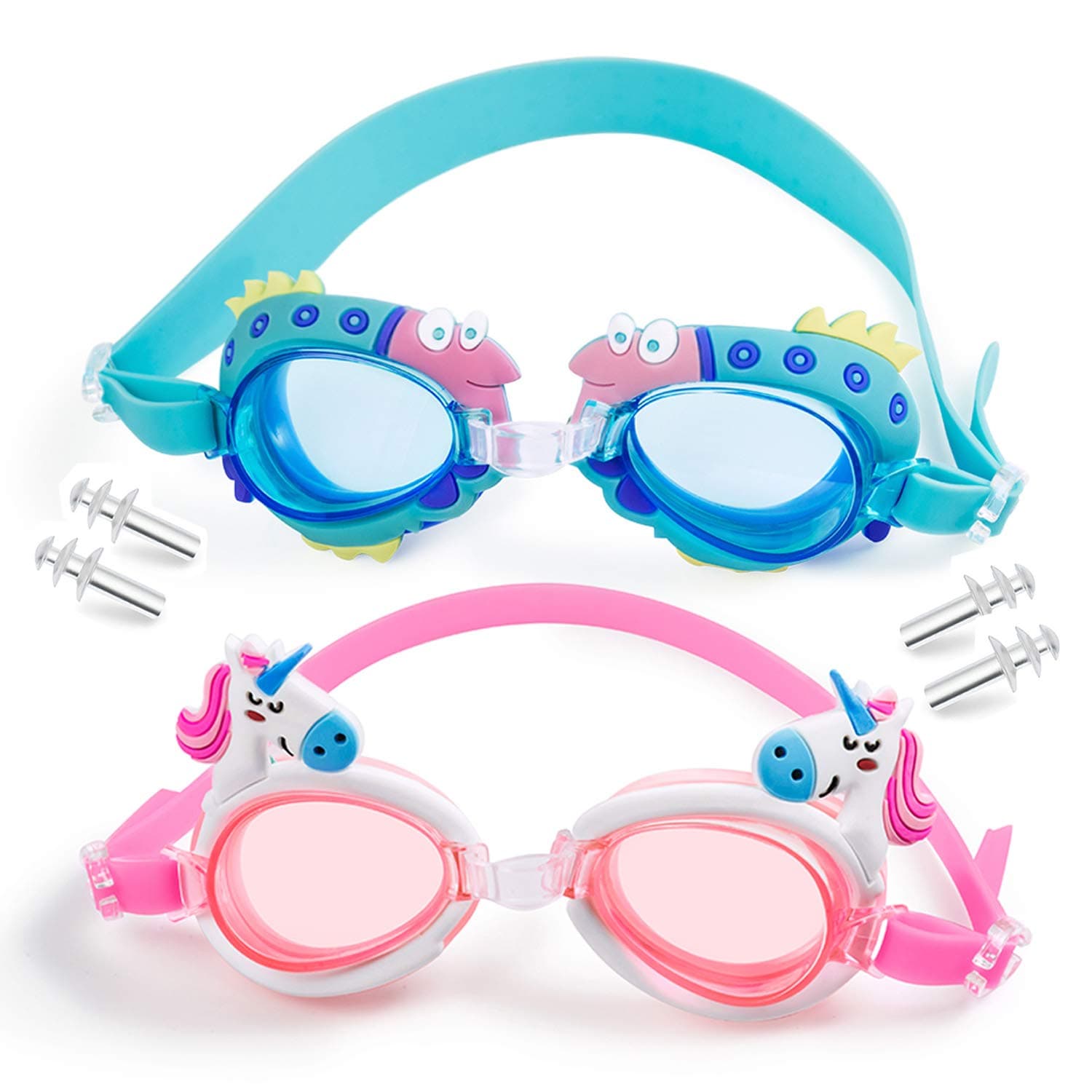 MOOKLIN Kids Swimming Goggles, 2pcs Toddler Youth Swim Goggles Anti Fog Premium UV Protection with Adjustable Nose Bridge, Head Strap and Earplugs for Juniors, Boys, Girls and Children Age 3-13