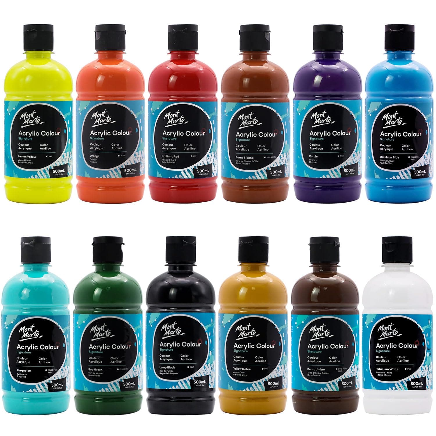 MONT MARTE Signature Acrylic Paint Set, 12 x 500ml (16.9oz), Semi-Matte Finish, 12 Colours, Suitable for Most Surfaces