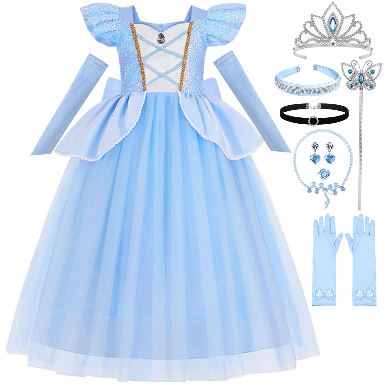 Cinderella Costume for Girls Kids Blue Princess Dress with Accessories Halloween Birthday Party Outfits
