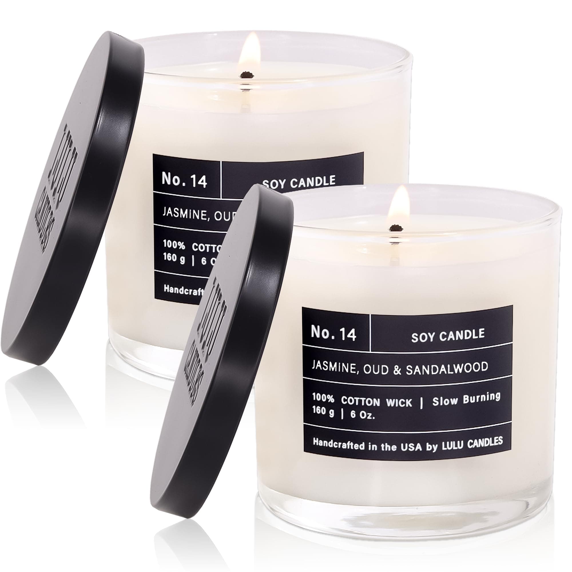Lulu Candles | Jasmine, Oud & Sandalwood |Luxury Scented Soy Jar Candle | Hand Poured in The USA | Highly Scented & Long Lasting (6 Oz. 2 Pack)