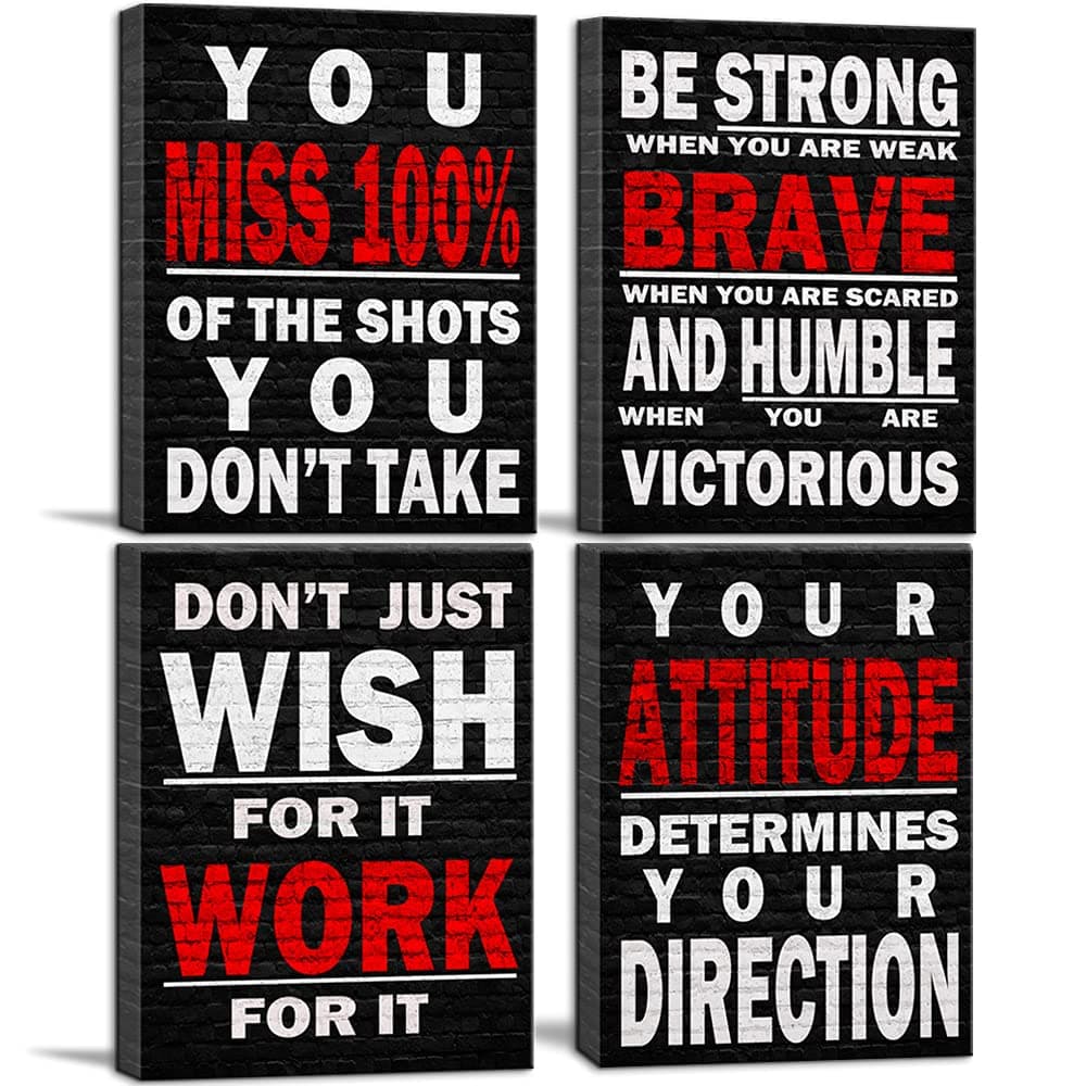 Inspirational Wall Art Poster Quote Motivational Wall Art for Office Living Room Bedroom Gym Black and White Red Positive Quotes Funny Office Wall Decor Sign 4 pieces