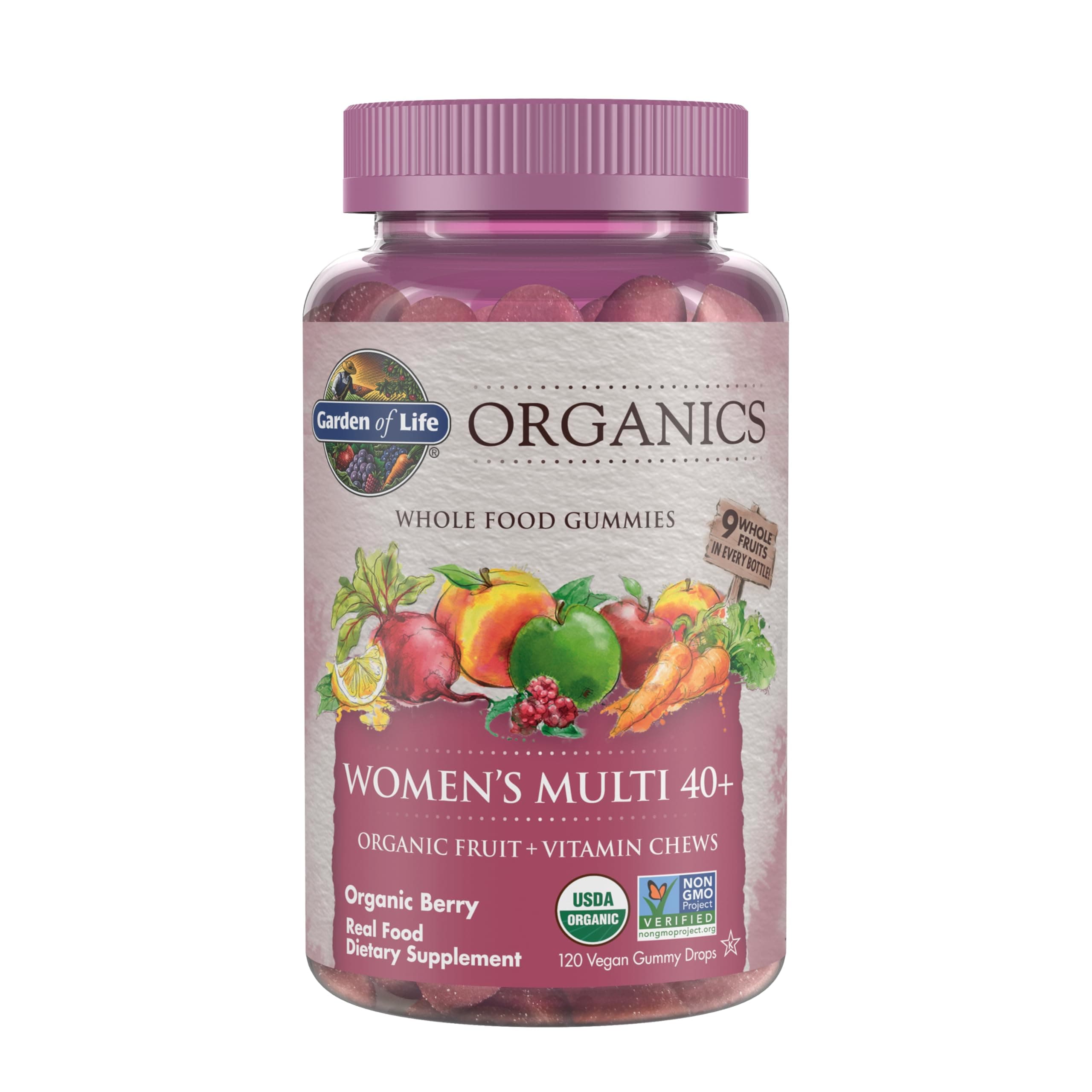 Organics Women 40+ Gummy Vitamins - Berry - Certified Organic, Non-GMO, Vegan, Kosher Complete Multi - Methyl B12, C & D3 - Gluten, Soy & Dairy Free, 120 Real Fruit Gummies
