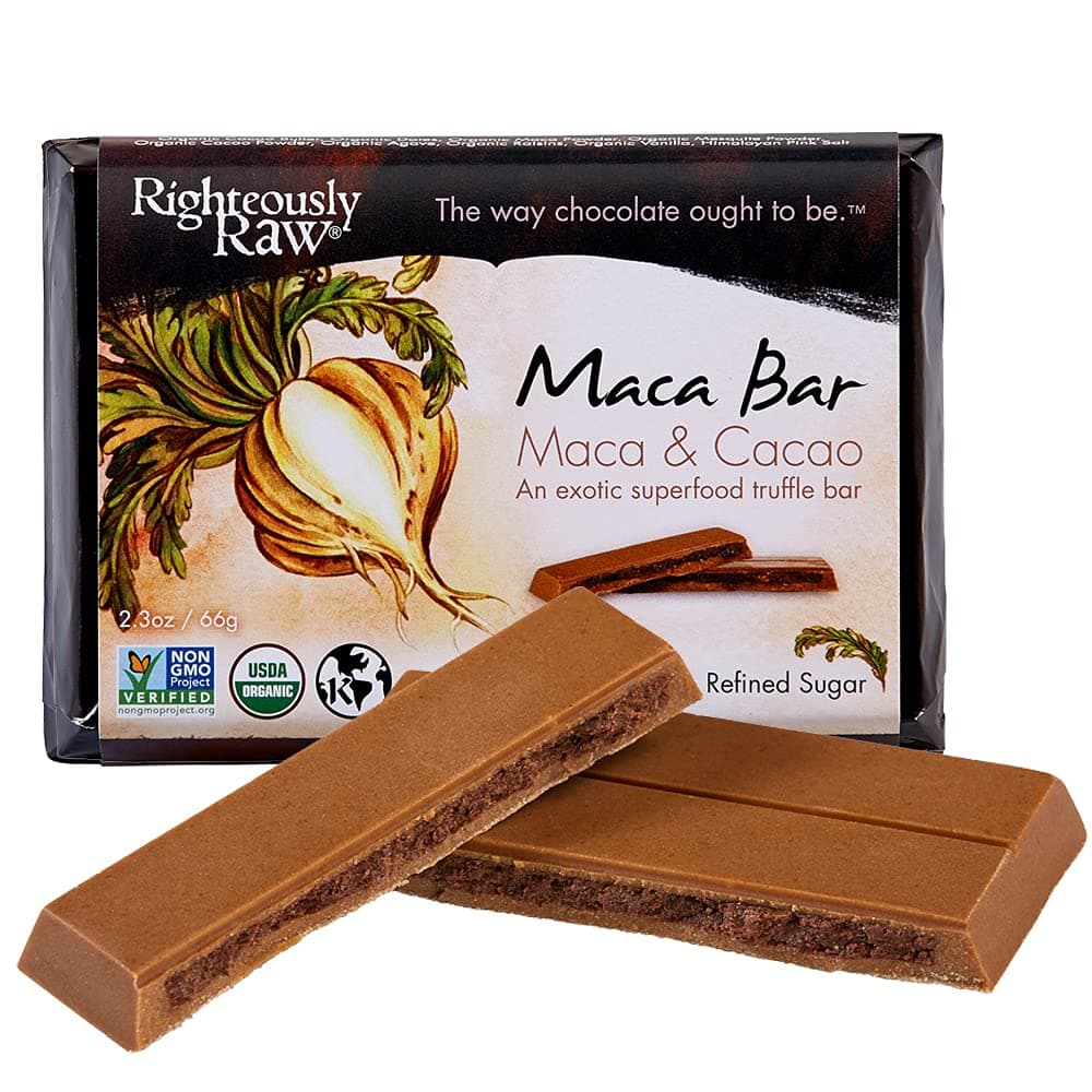 Righteously Raw Maca Bars! Pure Organic Dark Chocolate with a Maca coating and Raisin Truffle Flavor! Vegan, Kosher, Gluten-Free, Non-GMO, Dairy, Soy Free & No Refined Sugars with 12 bars in each box!