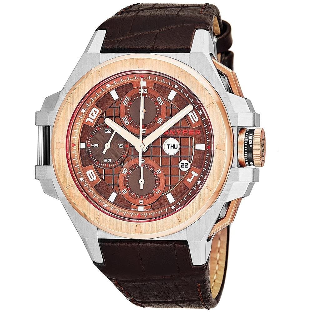 Snyper Ironclad Bicolor Rose Gold Mens Automatic Chronograph Watch Leather Band - 44mm Analog Brown Face with Day Date Sapphire Crystal - Swiss Made Stainless Steel Automatic Watches For Men 50.400.00