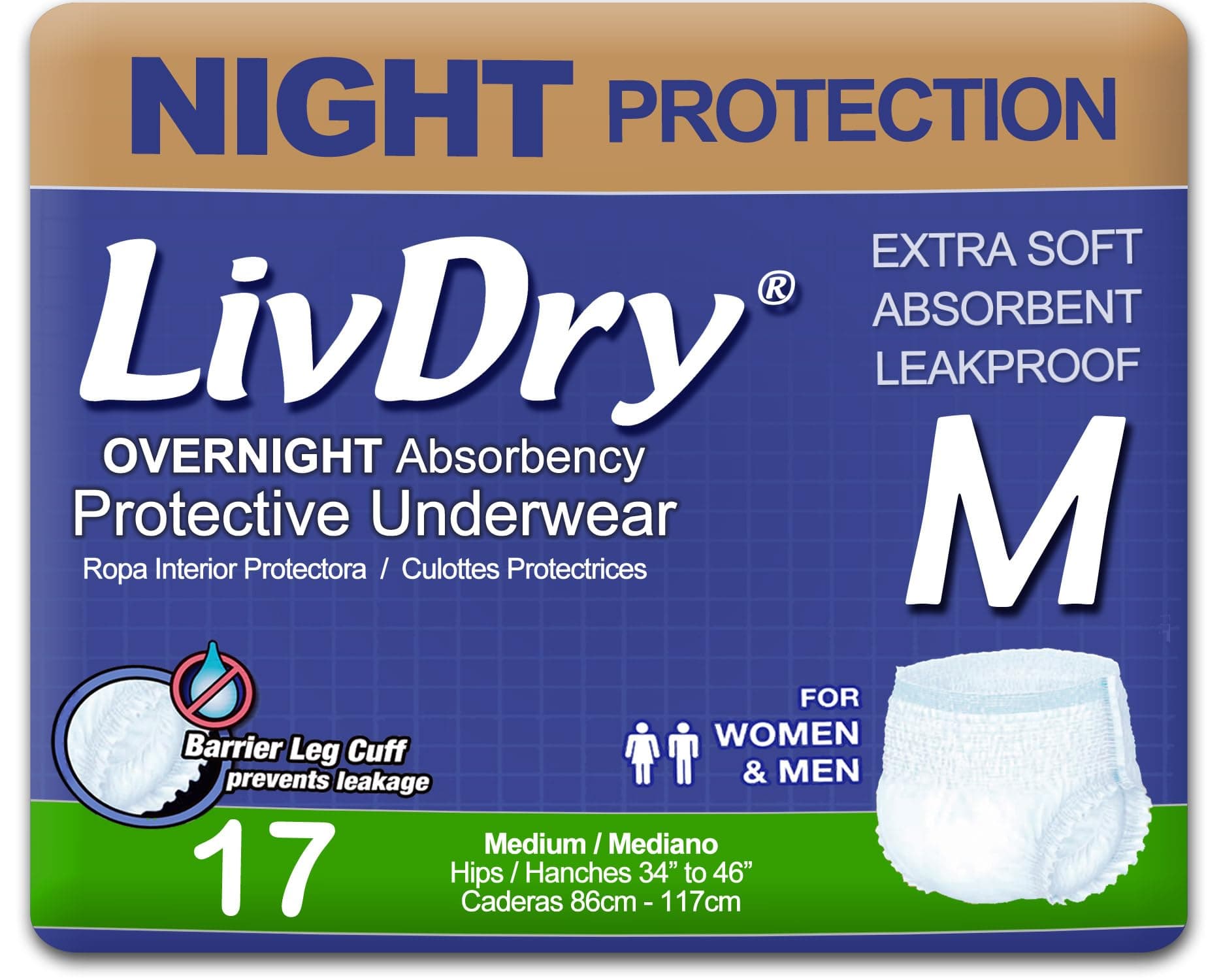 LivDry Adult M Incontinence Underwear, Overnight Comfort Absorbency, Leak Protection, Medium, 17-Pack
