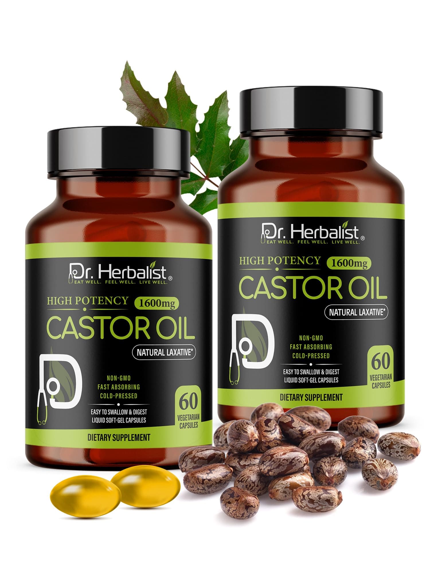 Castor Oil Capsules 1600mg - Cold Pressed Ricinus Communis Softgels | Supports Digestive Wellness & Hair Skin Vitality* | Halal, Non-GMO, Vegan | 60ct