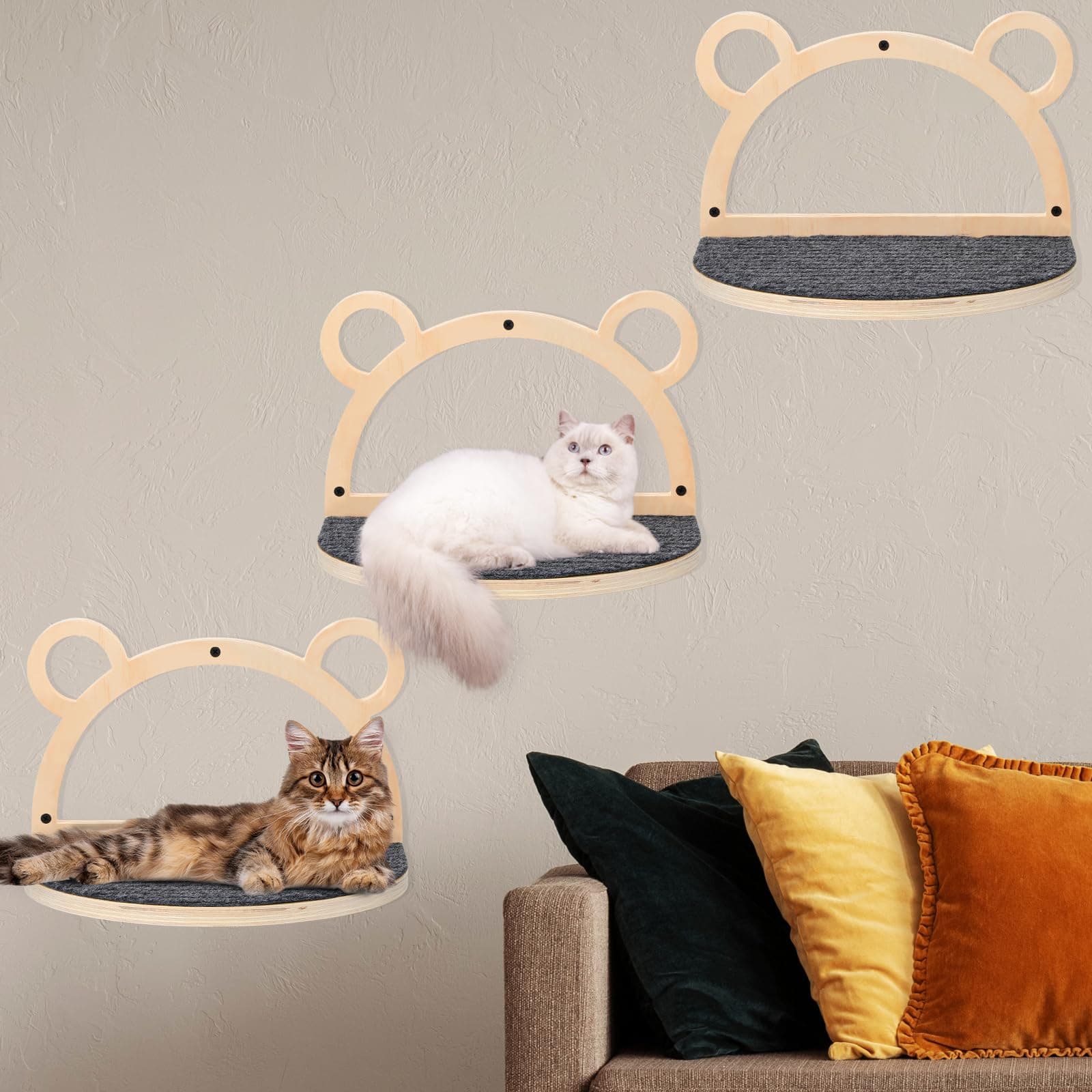 Qunclay 3 Pack Large Cat Wall Shelves Cat Wall Step Cat Hammock Cat Wall Mounted Furniture Bear Head Shaped Cat Climbing Shelves with Felt Scratching Cat Perch Cat Ladder for Playing Sleeping Lounging