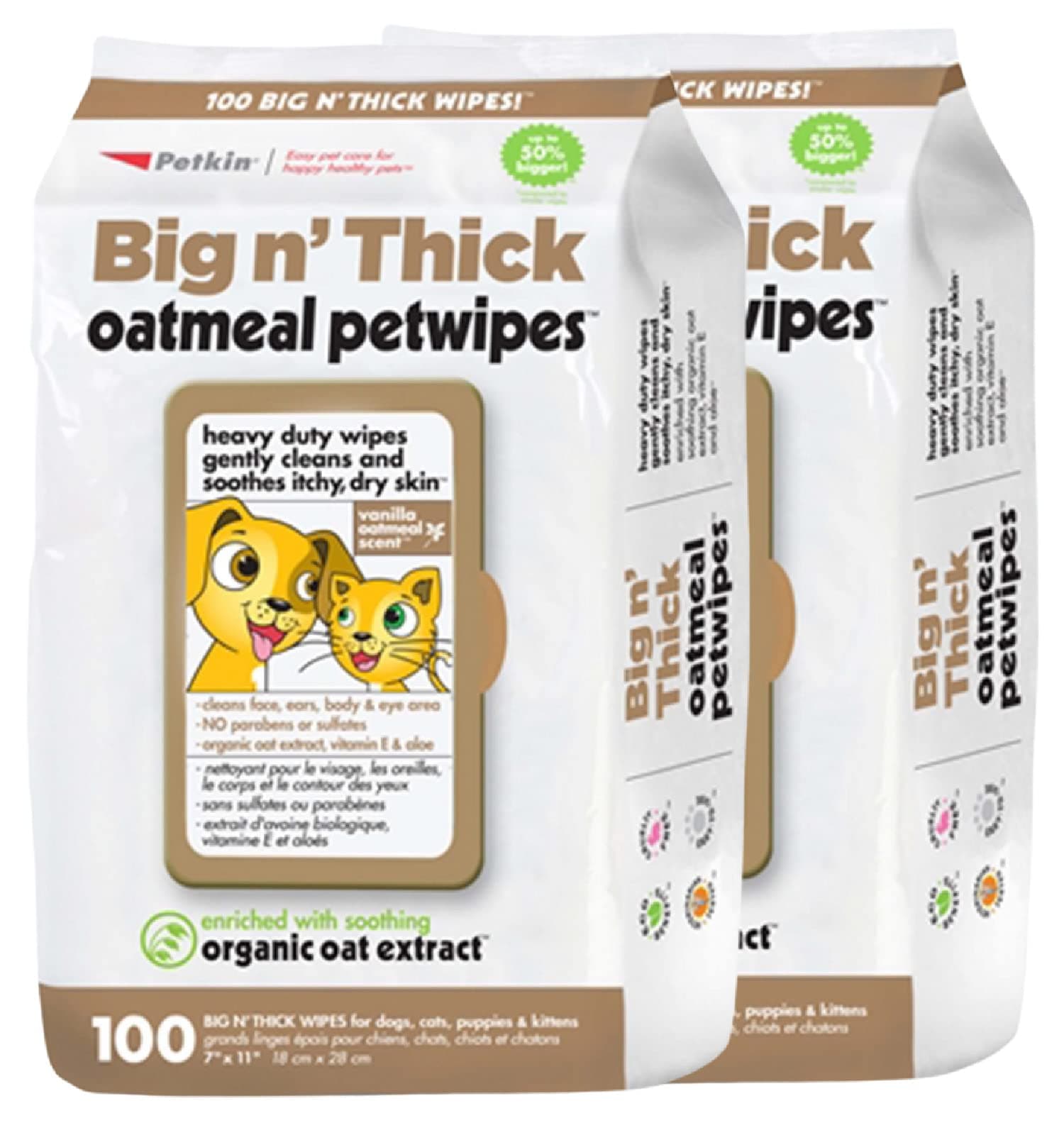 Petkin Pet Wipes for Dogs and Cats, 200 Wipes (Large) – Oatmeal Pet Wipes for Dogs and Cats – Soothes Itchy Dry Skin and Cleans Ears, Face, Butt, Body and Eye Area – 2 Packs of 100 Wipes