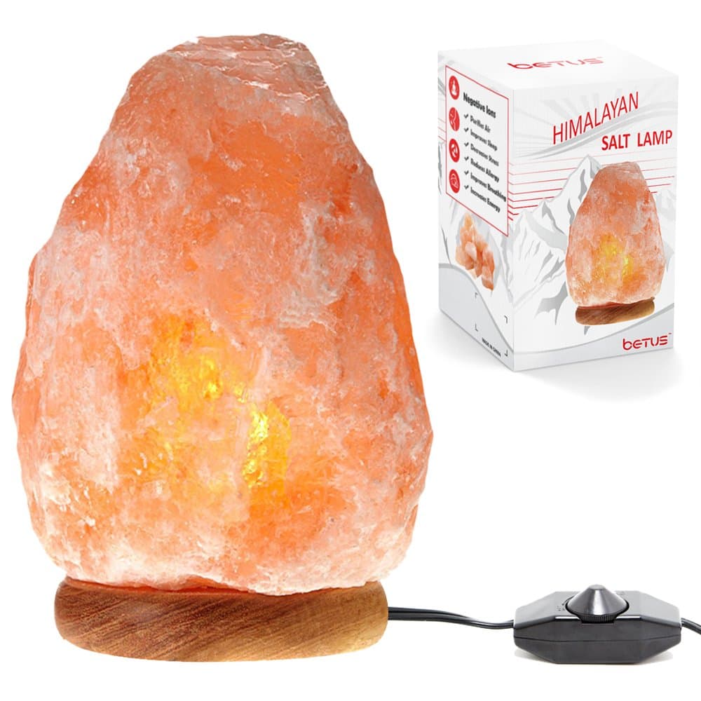 Betus [Natural Crystal Himalaya Salt Lamp Hand Carved on Wood Base with Dimmable Cord and Light Bulb - 8 to 9 Inches Height, 8 to 11 Pounds