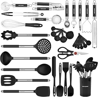 - Kitchen Utensils Set-Silicone Cooking Utensils-32 pcs Non-Stick Silicone Cooking Kitchen Utensils Spatula Set with Holder-Best Kitchen Cookware with Stainless Steel Handle (Black)