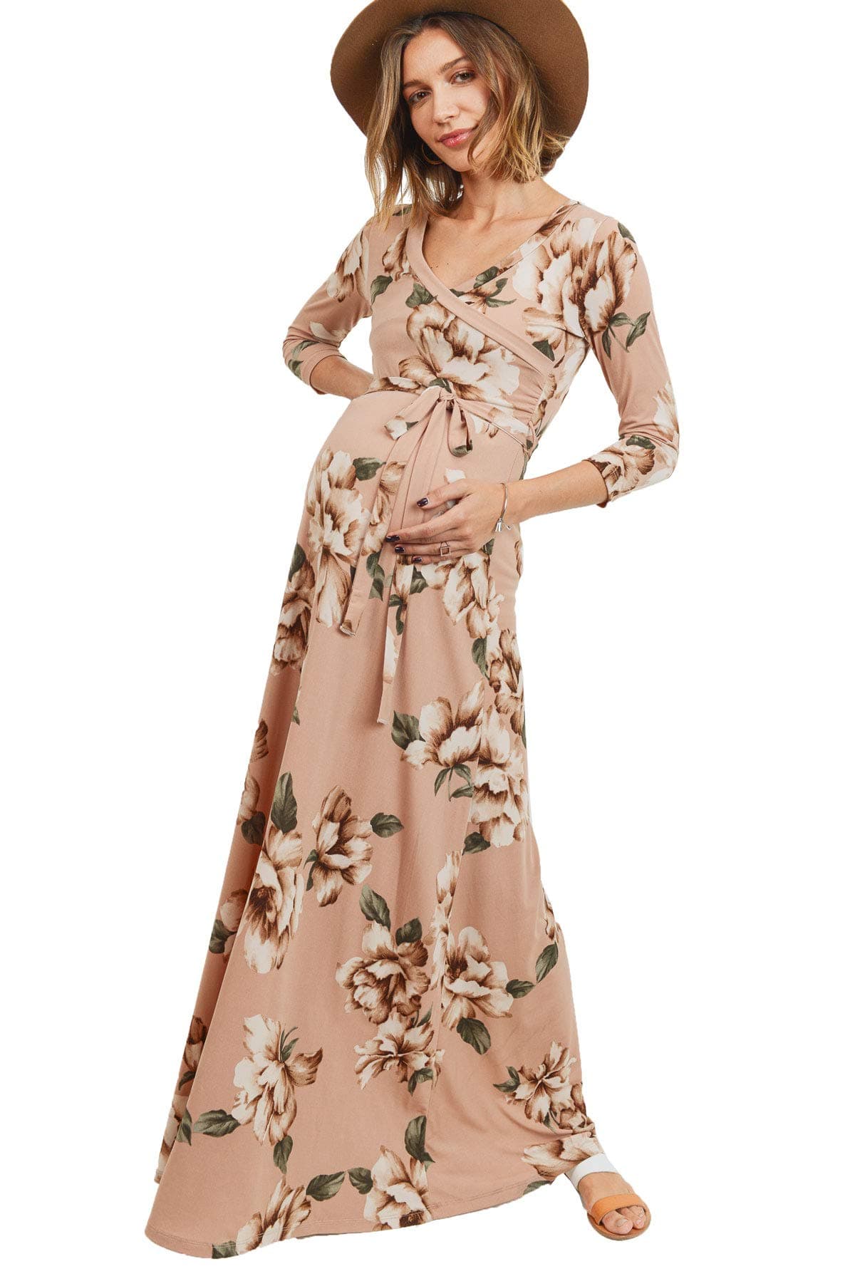 HELLO MIZ Women's Faux Wrap Maxi Maternity Dress with Belt - Made in USA