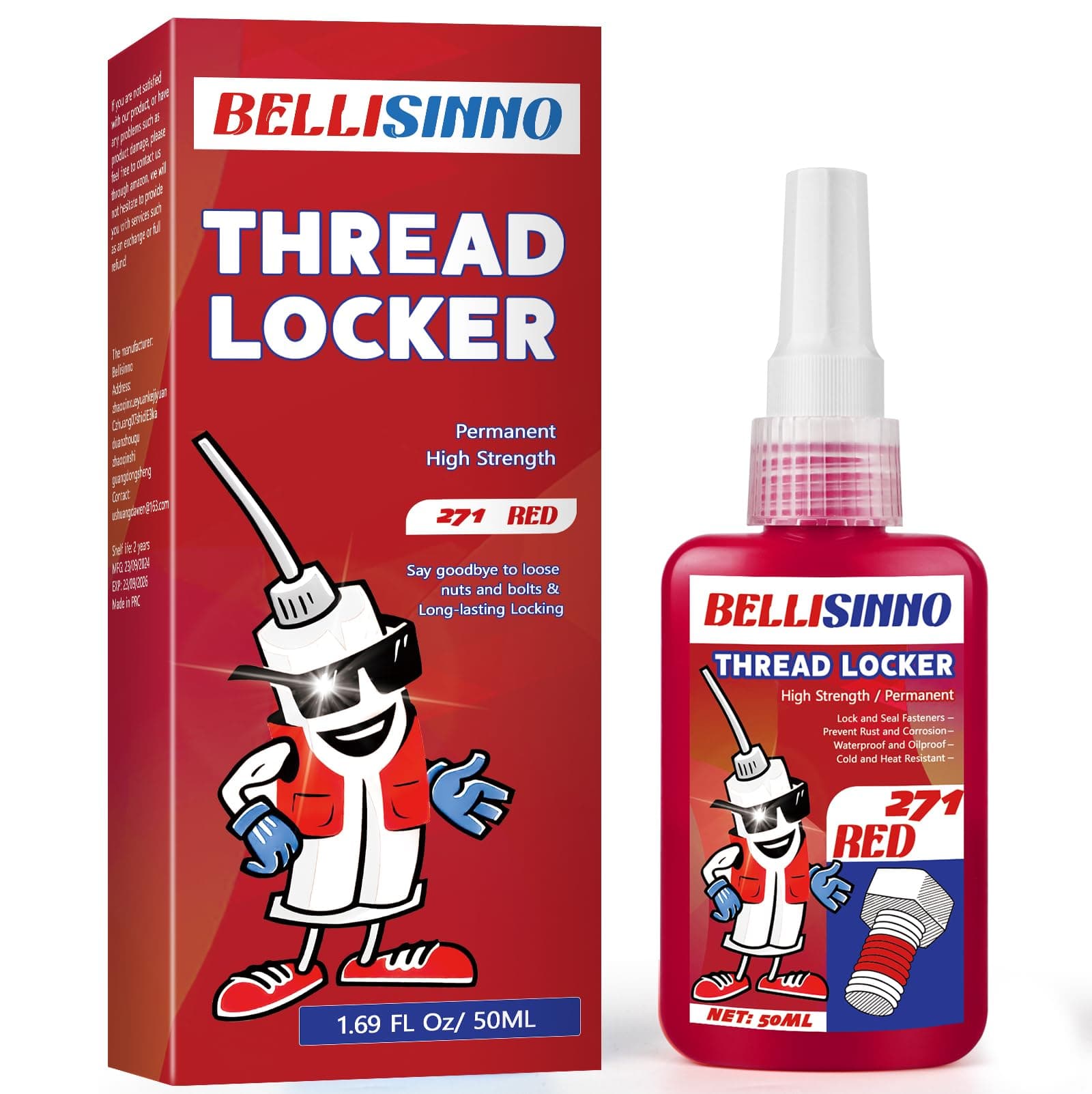 Thread Lock Red, Strong Strength Threadlocker, Thread Locker for Nuts, Bolts, Fasteners and Metals, Anaerobic Curing Screw Glue to Prevent Loosening (high-50ml)