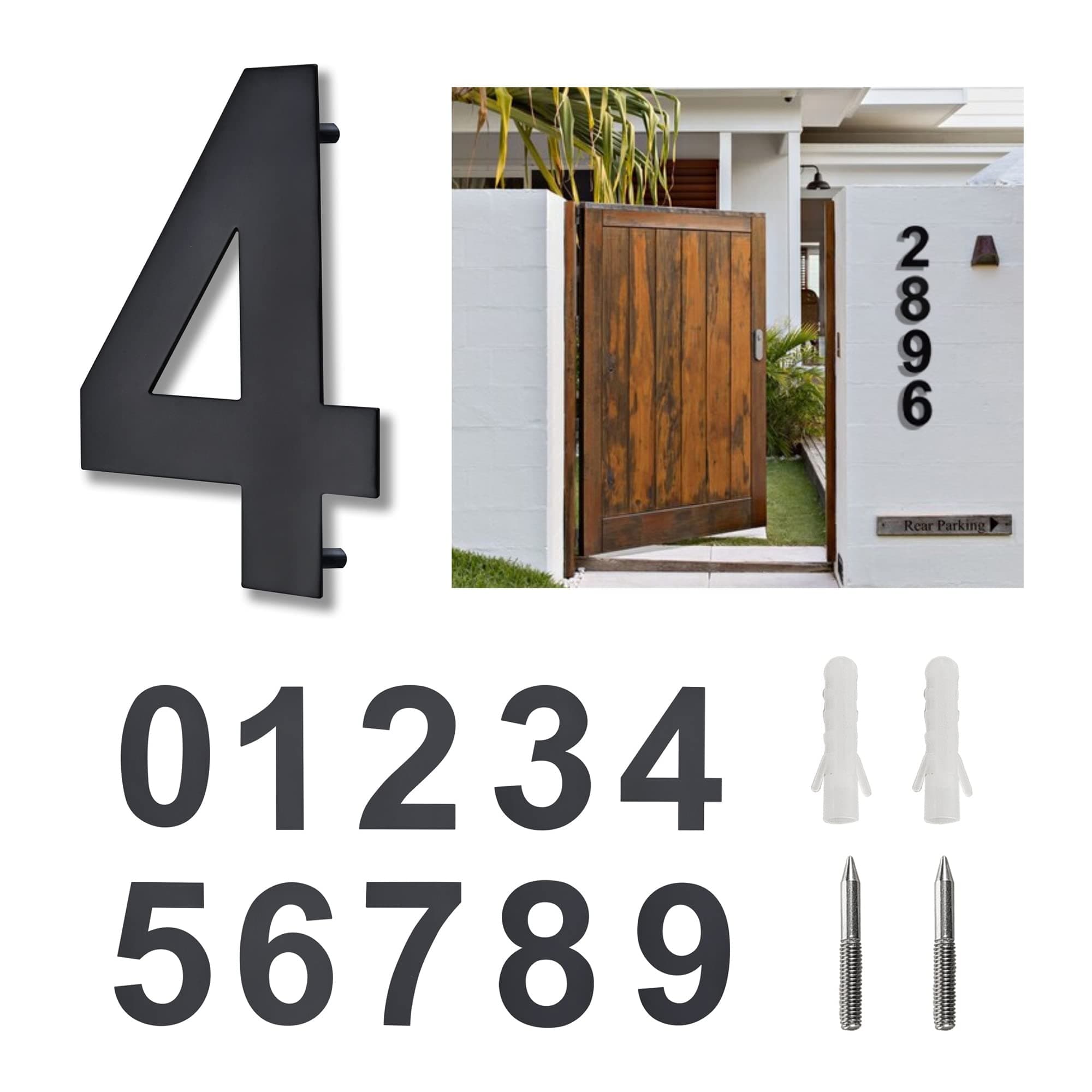 AOSION 8 Inch House Number,Floating Stainless Steel 304 Home Street Number Sign,Large Address Numbers with Screws,Easy to Install,Matt Black (Number 4)