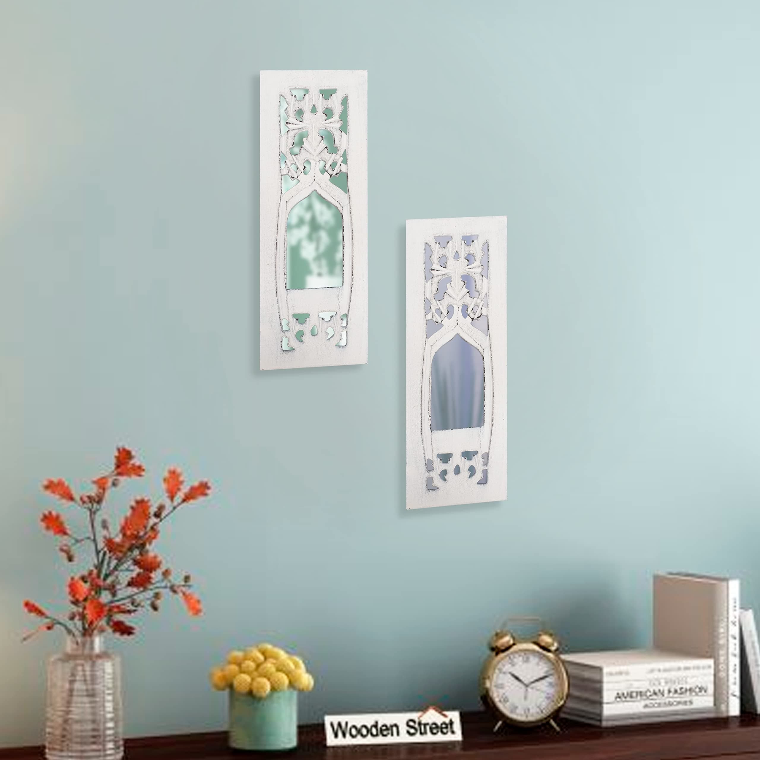 WHF Wood Painted Wall Hanging Jharokha Inside Mirror, Wooden Wall Hanging, Wooden Wall Panel (White)(11.5 cm,) Set of Two