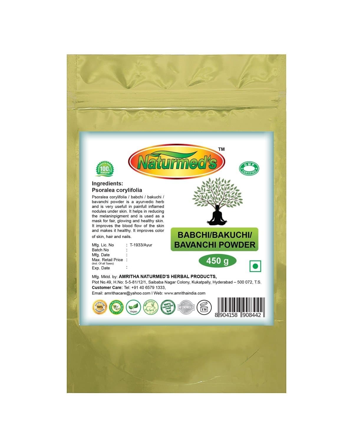 Naturmed's Babchi/Bakuchi/Bavanchi Powder (450 g Pouch)| Pure & Natural| Free from chemicals & Preservatives| Free from presticide