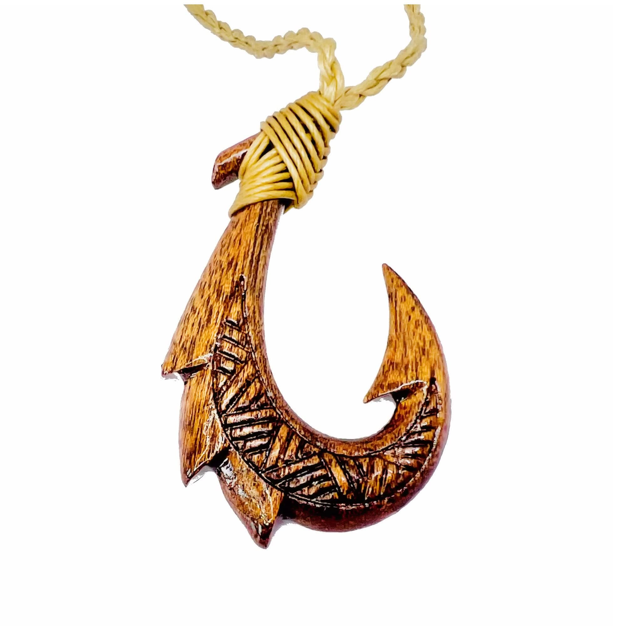 Hawaiian Jewelry Koa Wood Hand Carved Fish Hook Necklace from Maui, Hawaii