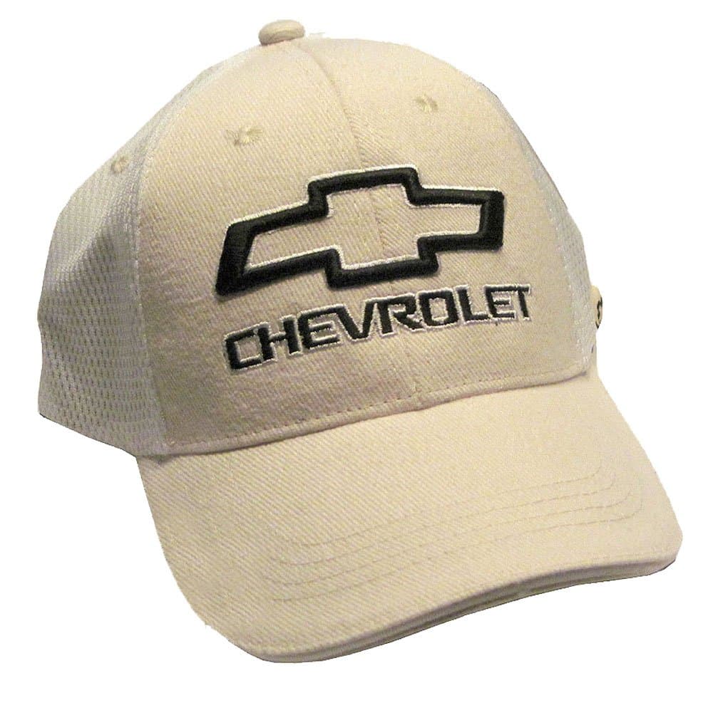 Gregs Automotive Chevrolet Hat Bowtie Tan/White Mesh Back Chevy Bundle with Decal (2 Items) 1 Hat and 1 Driving Style Decal