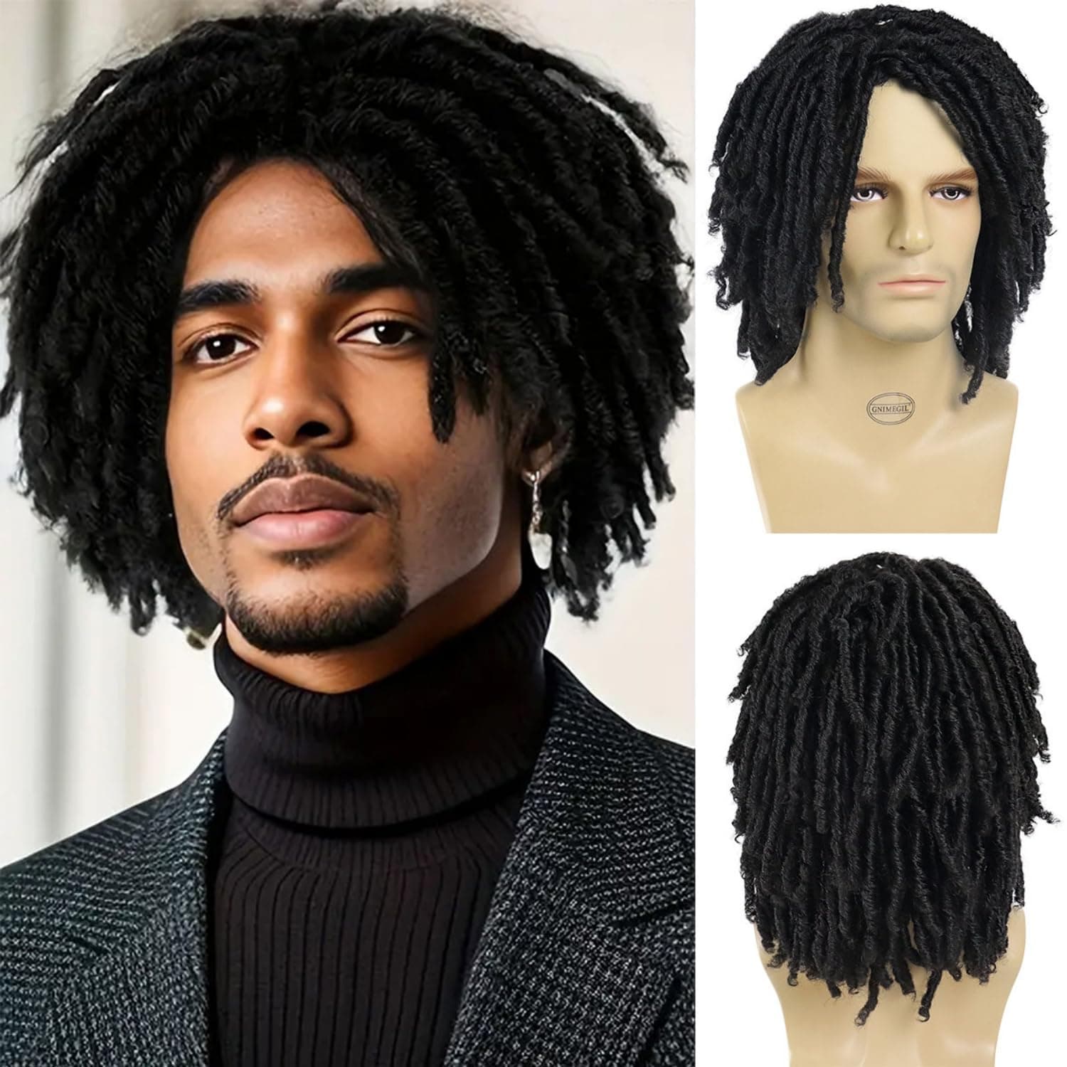 GNIMEGIL Short Braided Wigs for Man Afro Bob Black Crochet Twist Hair Dreadlocks Wig Natural Synthetic Fiber Layered Breathable Faux Locs Braids Curly with Weaving Cap