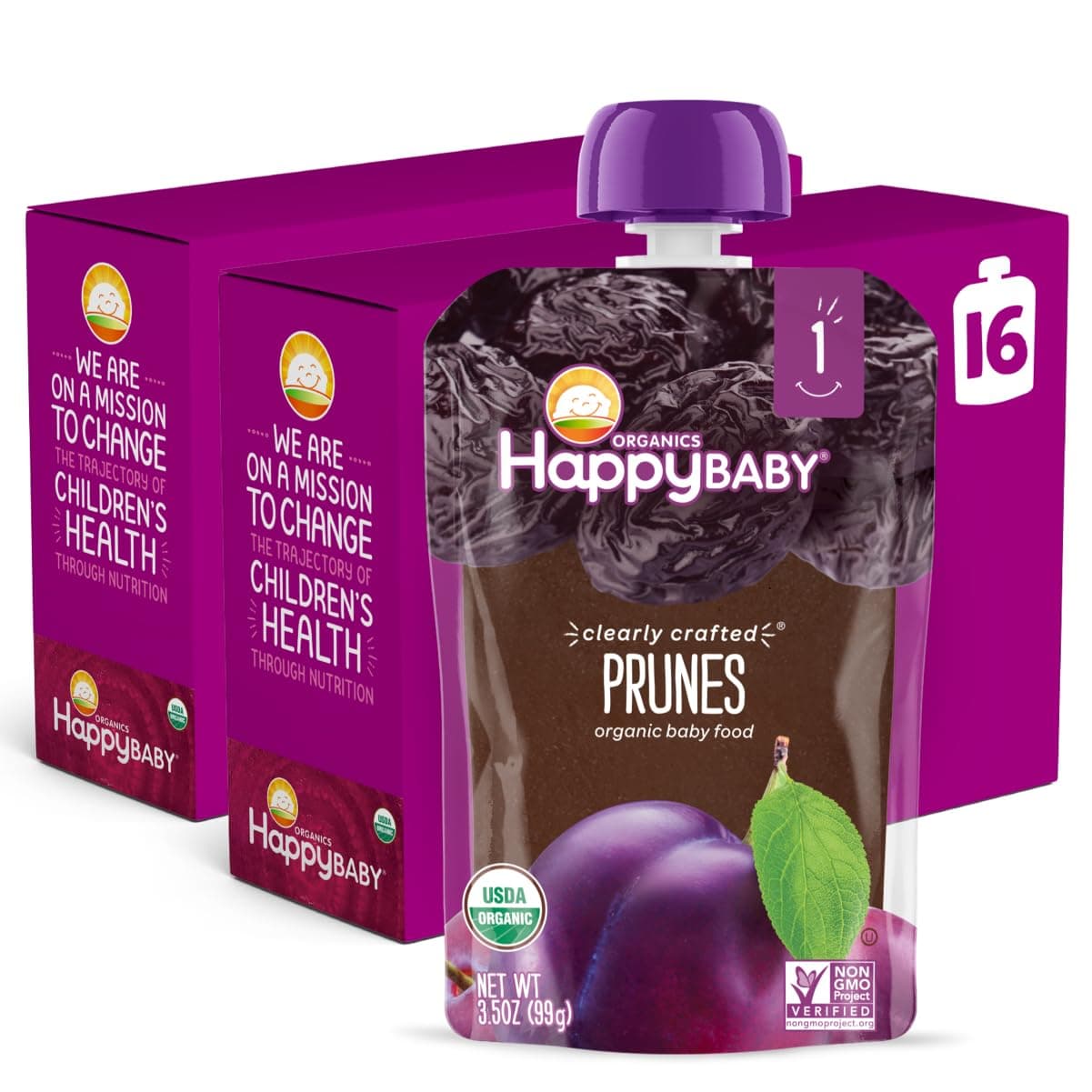 - Happy Baby Organics Clearly Crafted Stage 1 Baby Food Pouches, Prunes, 3.5 Ounce Pouch (Pack of 16)