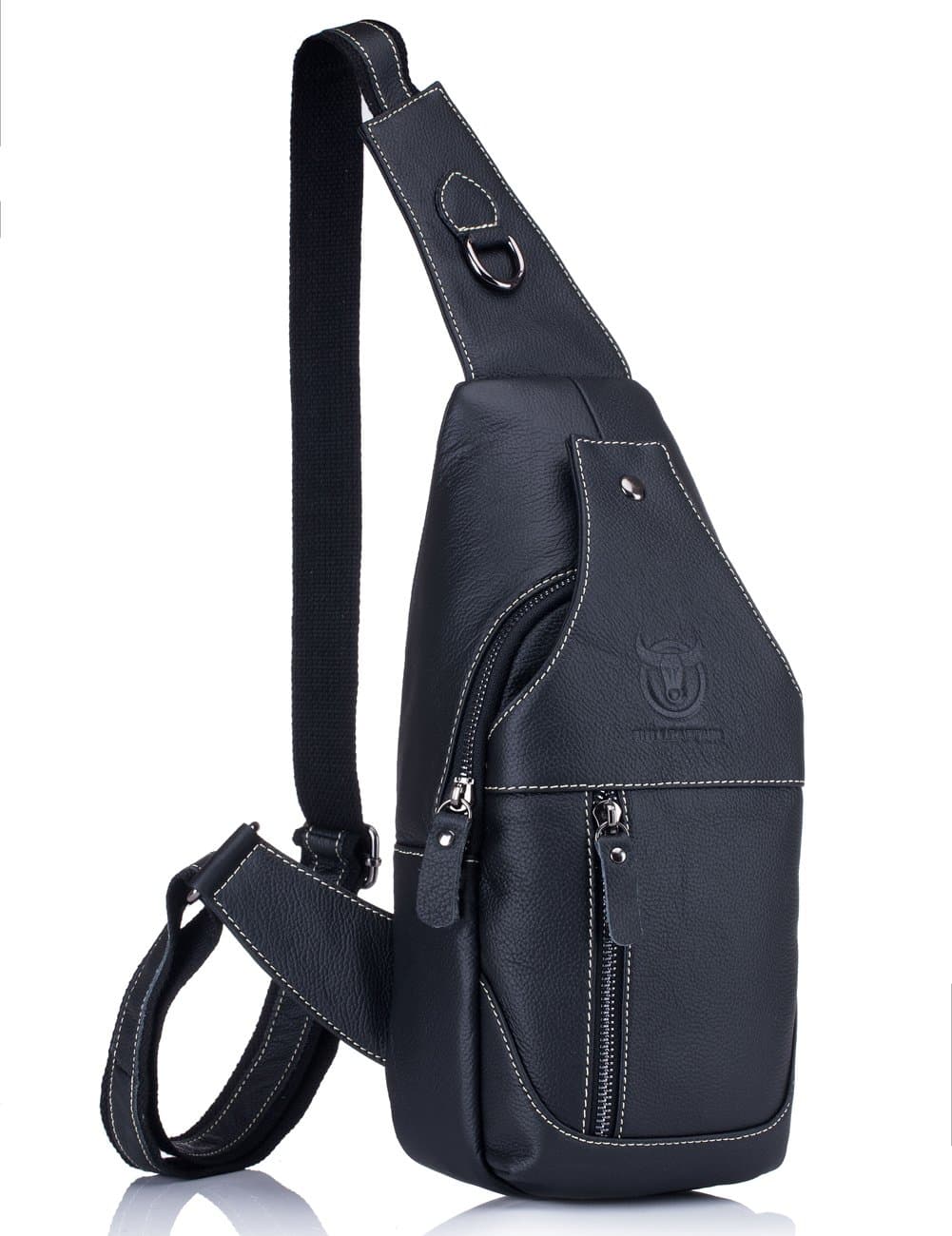 Stuo Men's Genuine Leather Shoulder Crossbody Bag Messenger Daypack for Business Casual Sport Hiking Travel Black