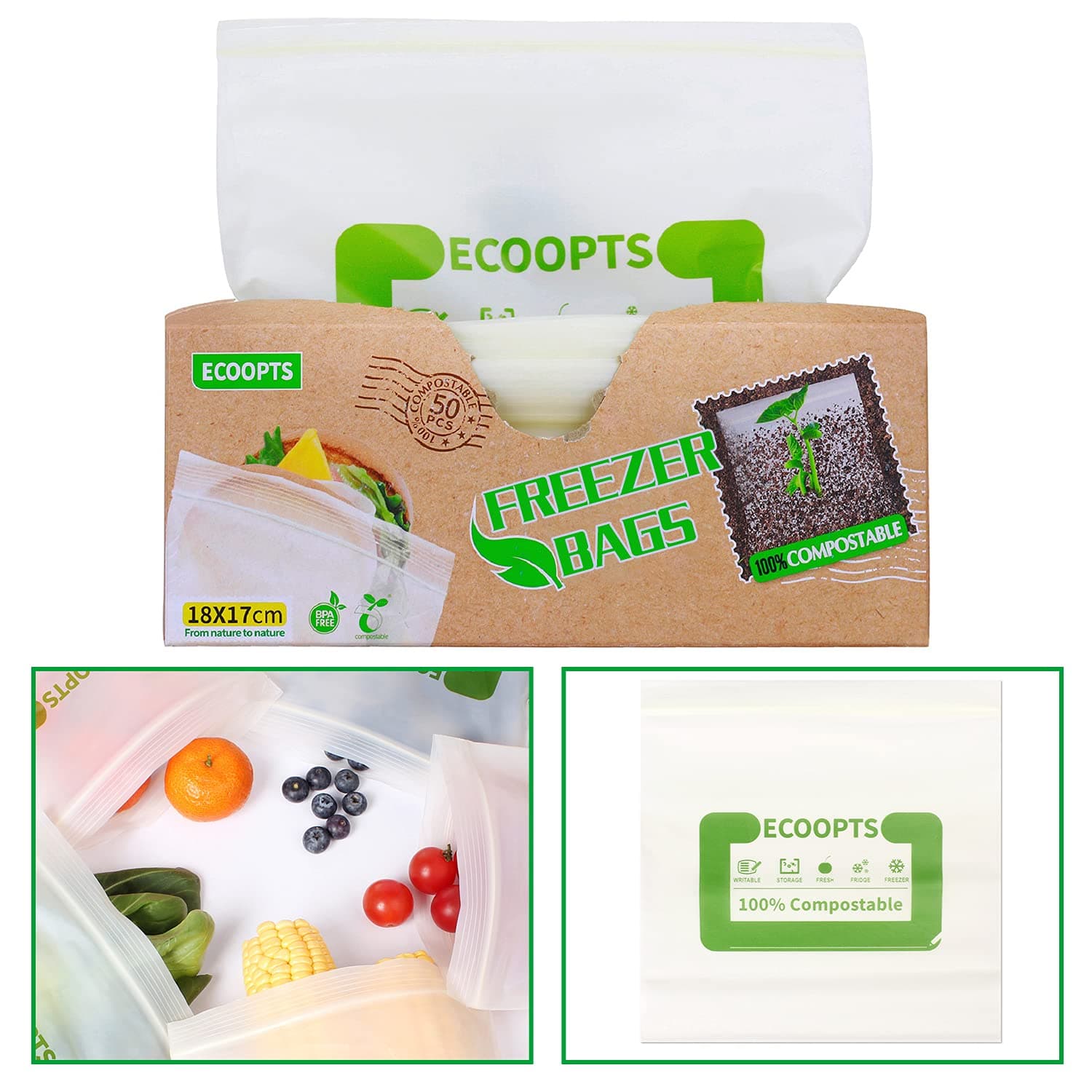 ECOOPTS 50 Pack 100% Compostable Food Storage Freezer Bags with Zipper - BPA-Free Sandwich & Frozen Safe (7x6.7 in)