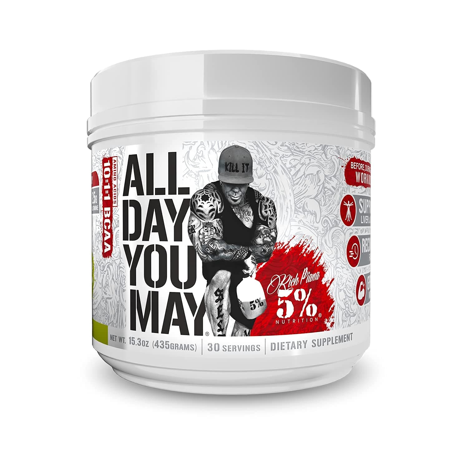 5% NutritionRich Piana AllDayYouMay BCAA Powder | Premium Intra & Post Workout Amino Acids, Hydration, Endurance, Muscle Recovery, Joint & Liver Support | 15.3 oz, 30 Servings (Lemon Lime)