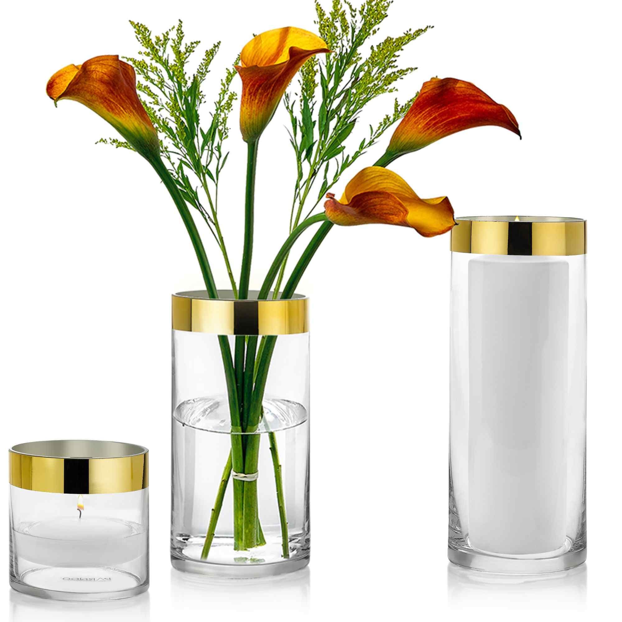 Set of 3 Glass Cylinder Vases 4, 8, 10 Inch Tall with 1 Inch Gold Rim – Multi-use: Pillar Candle, Floating Candles Holders or Flower Vase – Perfect as a Wedding Centerpieces.