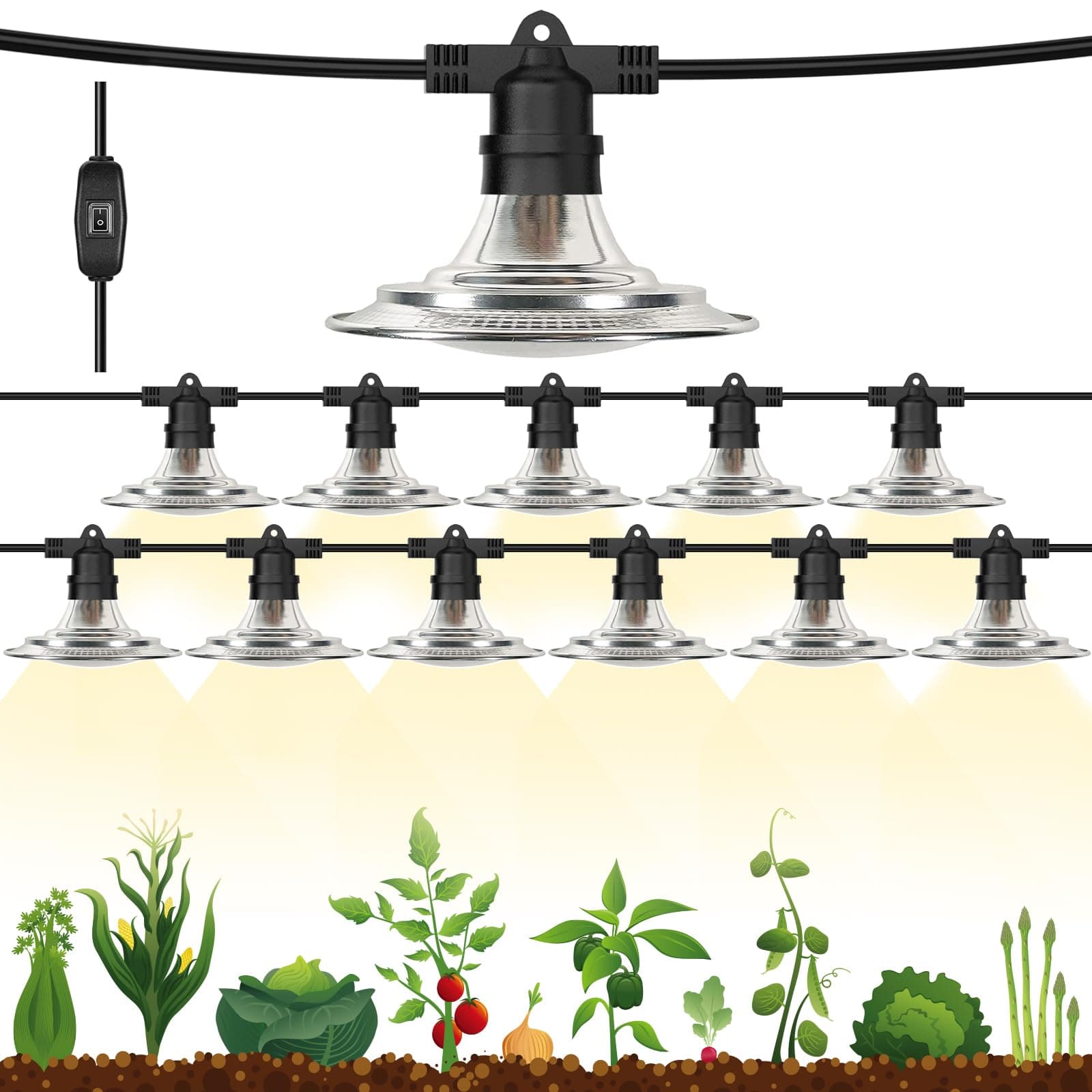 Espird Outdoor LED Grow Lights for Greenhouse 12-Light Waterproof String Grow Light, Full Spectrum LED Plant Grow Light Lamp, Waterproof Greenhouse Grow Lights for Seedling, Veg, Flower