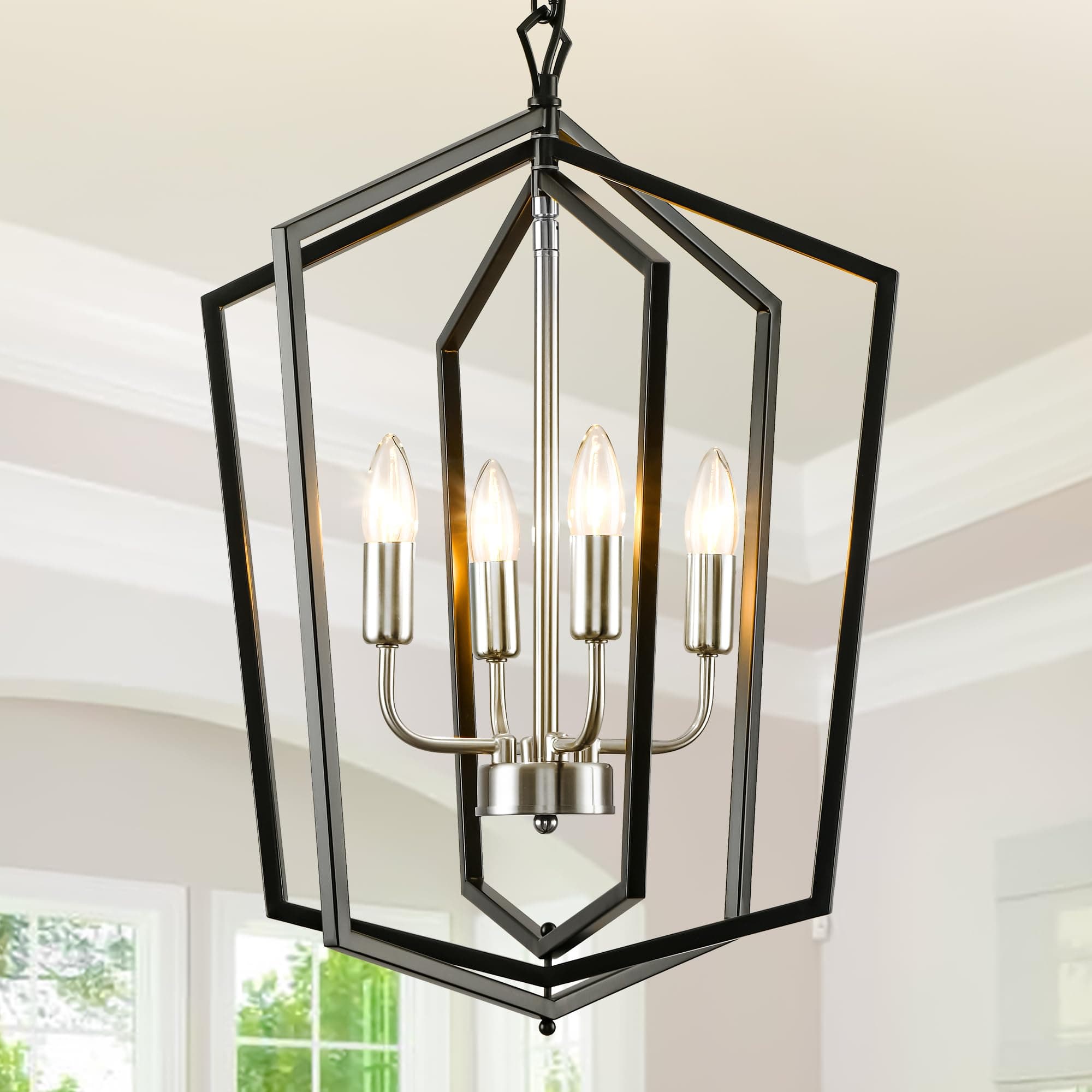 WJShome 18.1" Farmhouse Chandeliers for Dining Room, 4-Light Modern Foyer Lighting Fixture,Black and Silver Hanging Lantern Pendant Light, for Kitchen Island,Hallway,Entryway