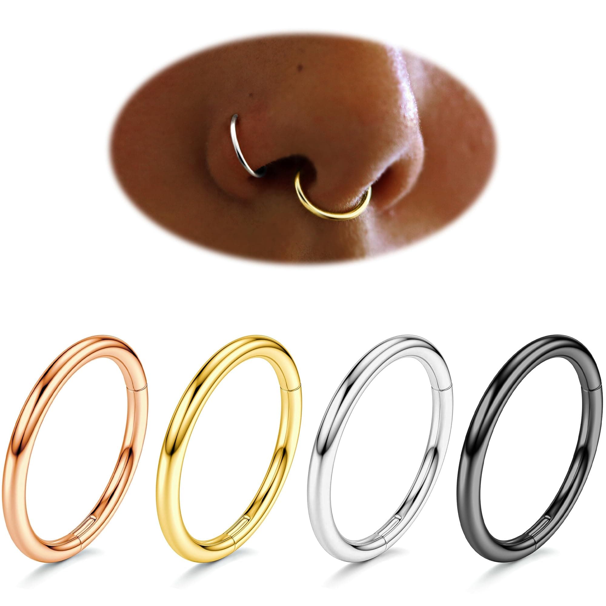 PoxtexSurgical Steel Nose Rings Hoops - 4pcs Hypoallergenic 20G 16G 18G Hoop Nose Rings for Women Men, Hinged Clicker Nose Rings, Septum Rings, Small Lip Rings, Helix Cartilage Earring Piercing 6mm