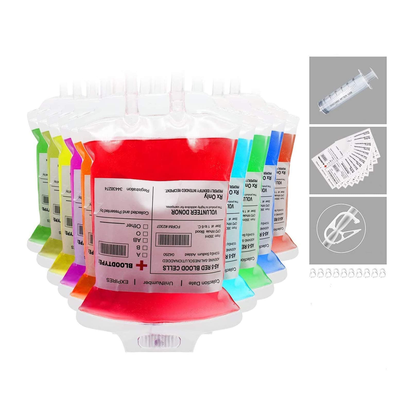 Exqline Halloween Blood Bags for Drinks 10 Pack Blood Bags Drink Container, Perfect for Zombie Party, Decoration, Costume, 350ml with Syringe and Customize Blood Type Stickers