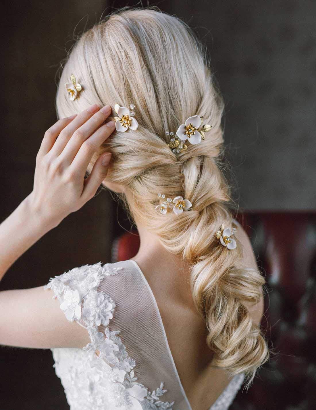 UNSUTUO Wedding Flower Hair Pins Decorative Gold Leaf Bridal Crystal Hair Clip Accessories for Women