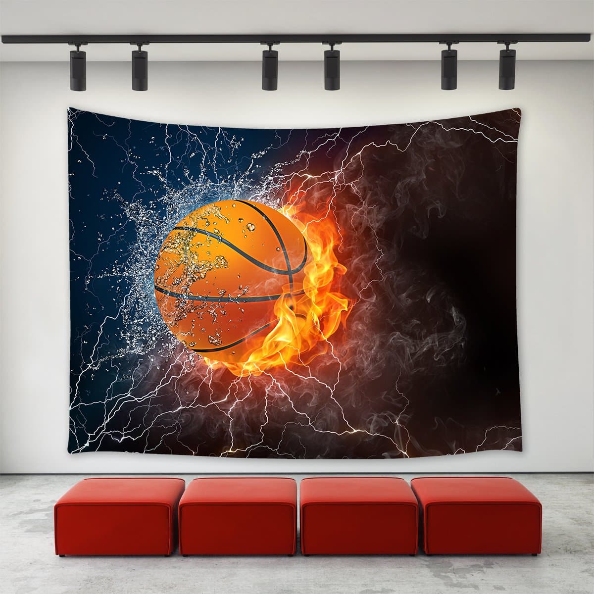 LBKT Sports Basketball Ball on Fire and Water Flame Splashing Thunder Lightning Tapestry Wall Hanging for Bedroom Living Room College Dorm Custom Home Decoration Wall Decor Art Tapestries 60"x40"