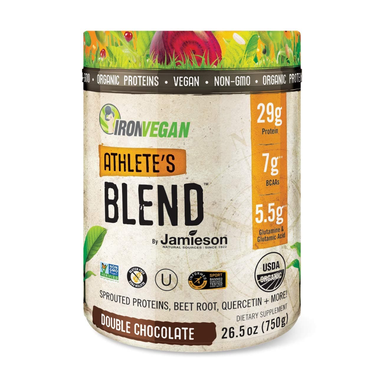 Jamieson Iron Vegan Athlete's Blend Plant Based Protein Powder (22g), Low Carb Keto Friendly, Vegan, Non Dairy, Gluten-Free, Non-GMO - Organic & Plant Based - Double Chocolate (22 Servings)