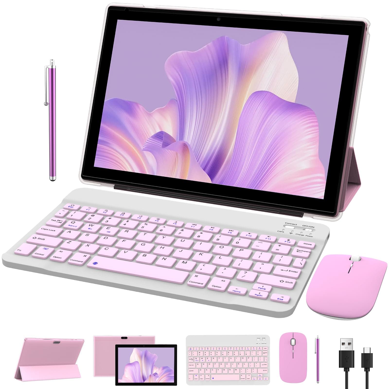 NOVOJOY 2 in 1 Tablet 10 Inch Android 15 Tableta, Tablets with Keyboard, Mouse, Case, Stylus, 32GB ROM+8GB RAM, 2MP+8MP Dual Camera, Quad Core Processor, 6000mAh Battery, 10.1 in FHD Tab Pink