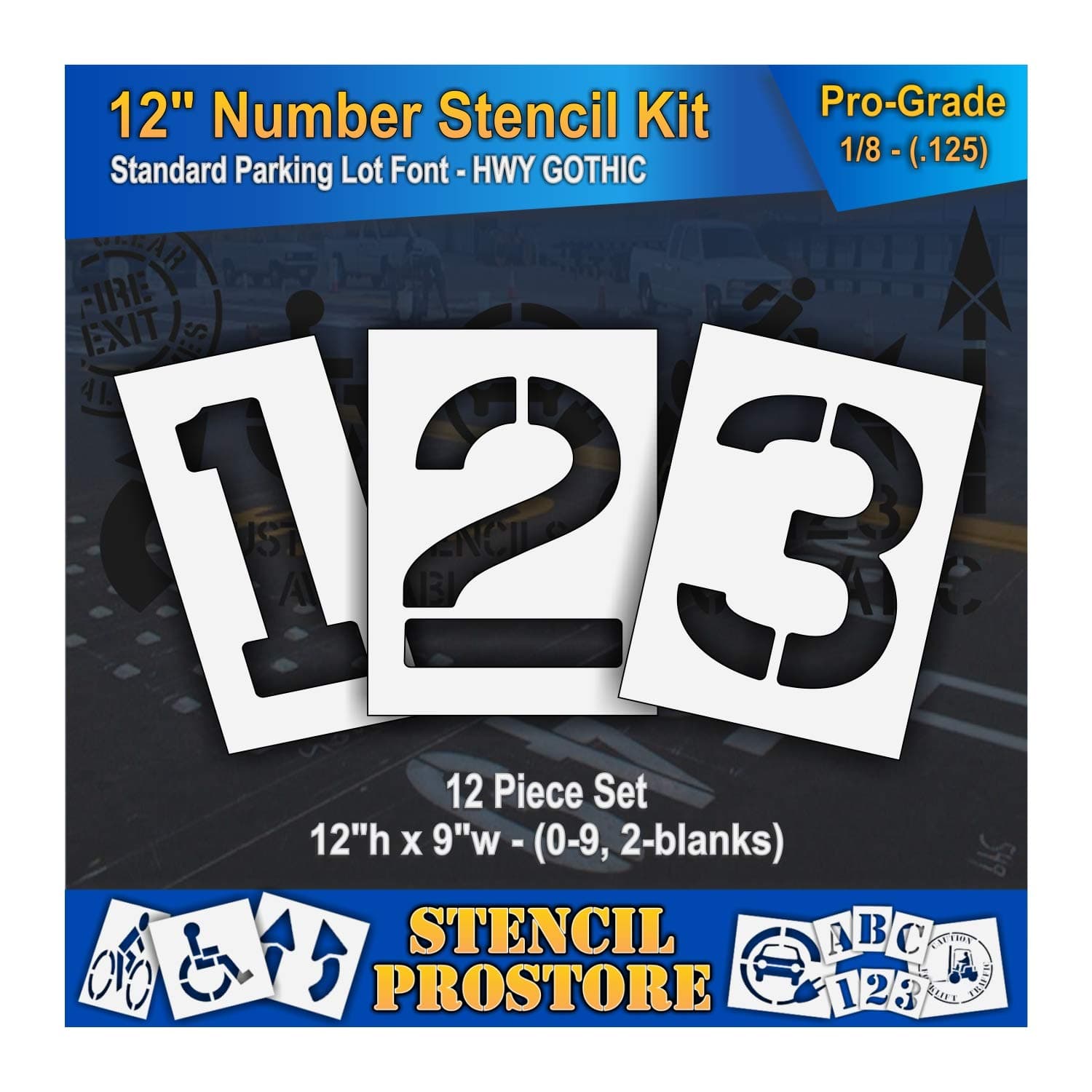 Pavement Stencils - 12 inch Number KIT Stencil Set - (12 Piece) - 12" x 9" x 1/8" (128 mil) - Pro-Grade