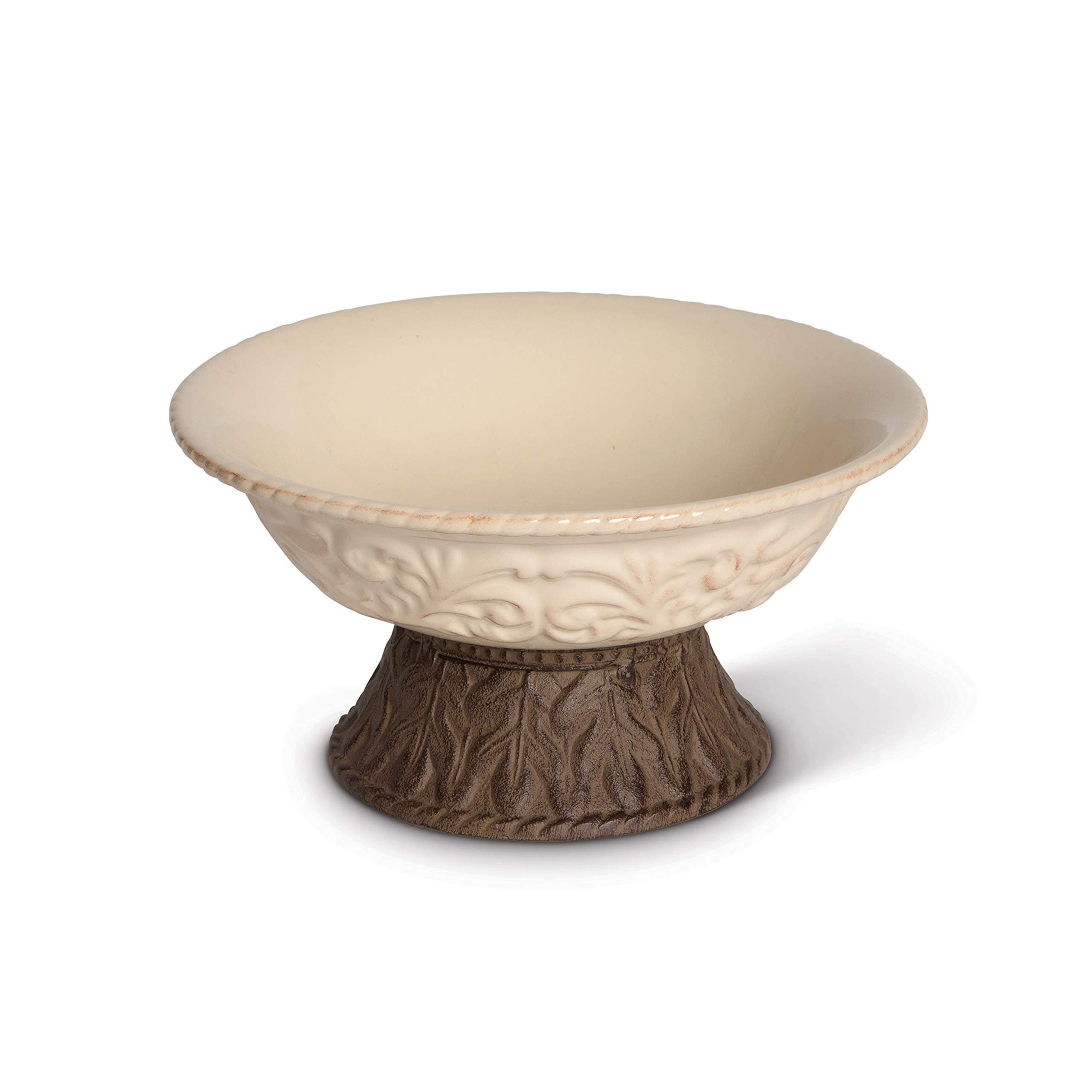 GG CollectionDetailed Embossed Cream Ceramic 9.5-Inch Dia. Bowl With Beautiful Acanthus Leaf Scrolled Metal Base