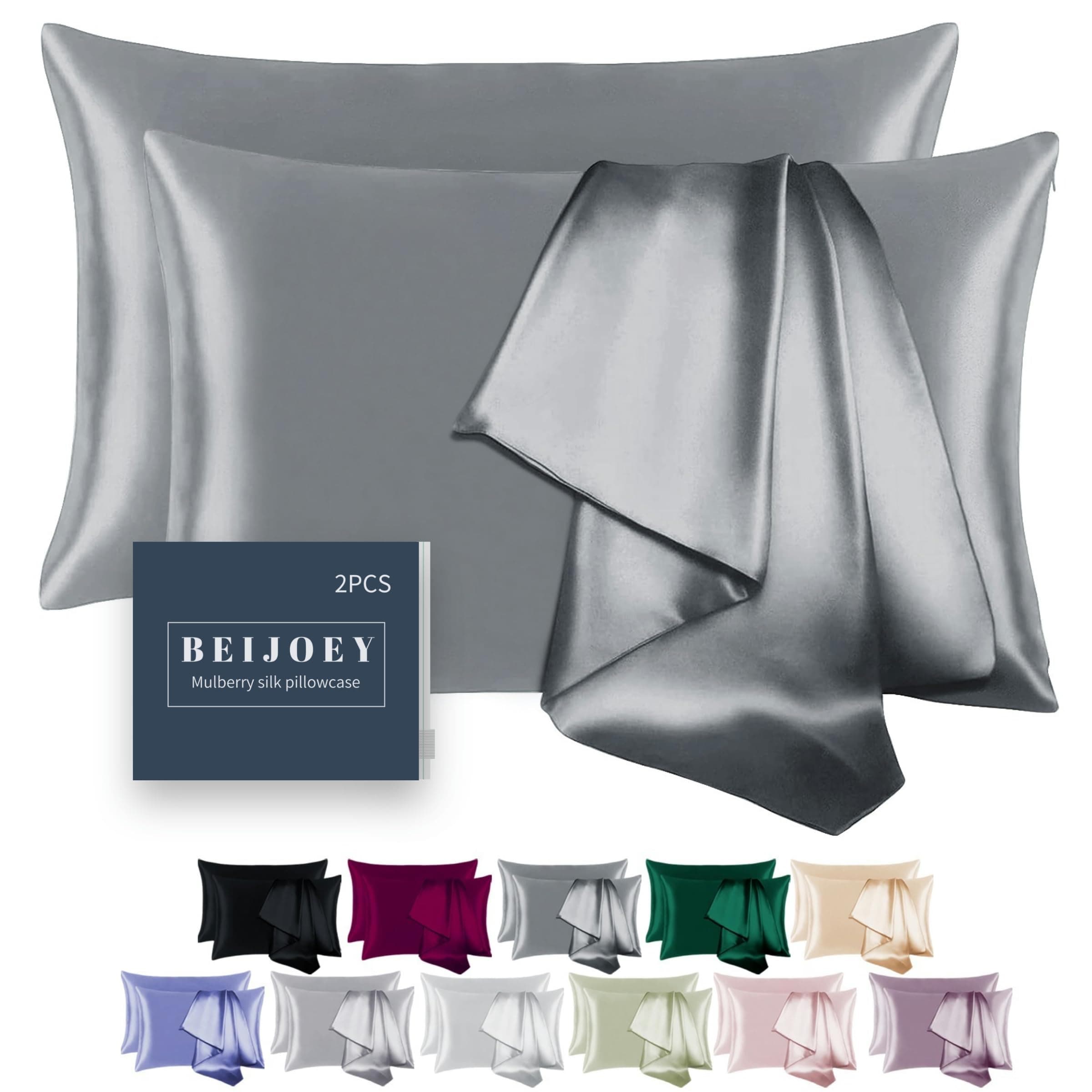 100% Mulberry Silk Pillowcase 2 Pack for Hair and Skin,with Hidden Zipper,Both Sides 19 Momme 600 Thread Count Natural Silk Pillow Cover,Soft Breathable Smooth (Gray, Queen 20''x30'')