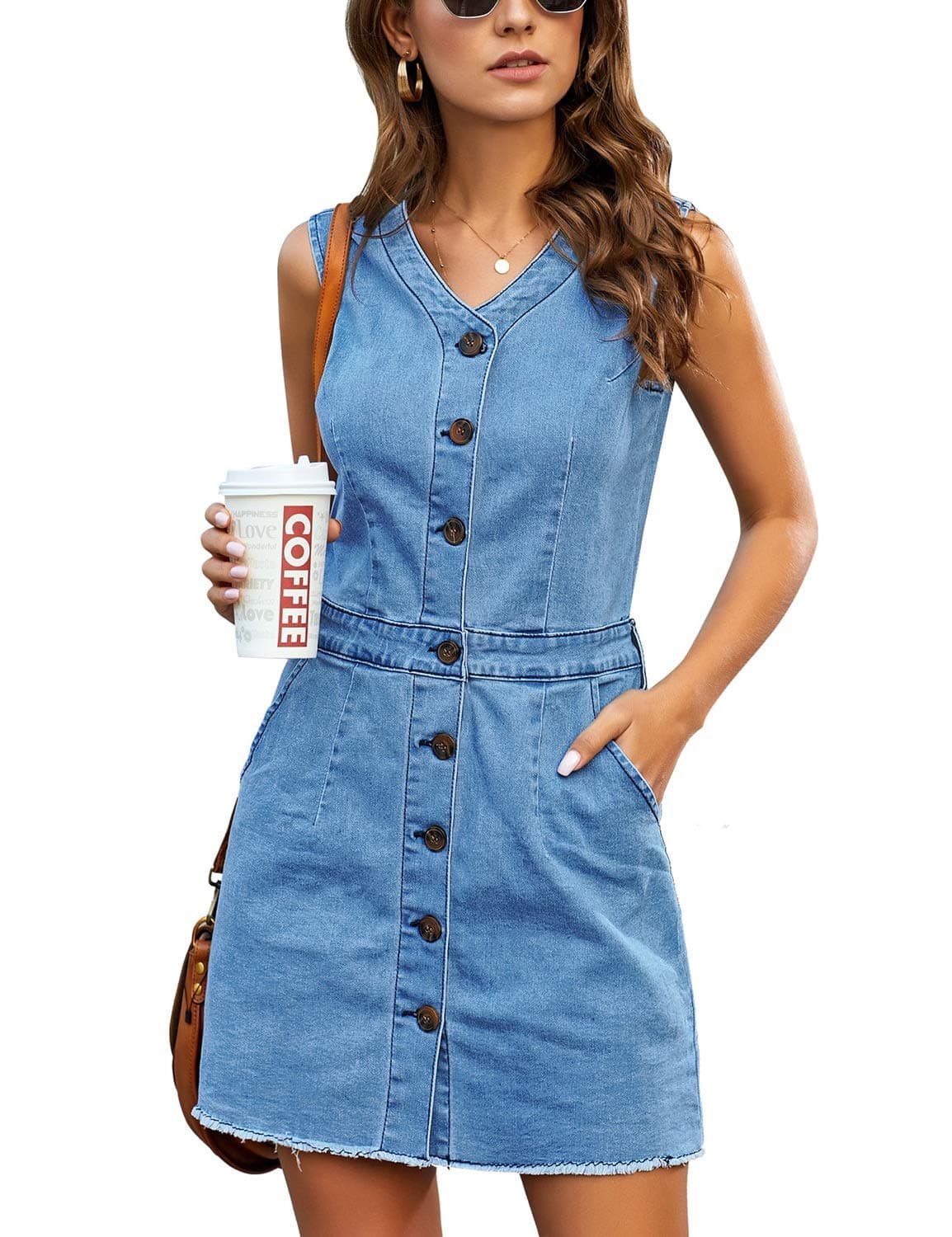 Women Sleeveless V Neck Button Down Frayed Hem Short Denim Dress