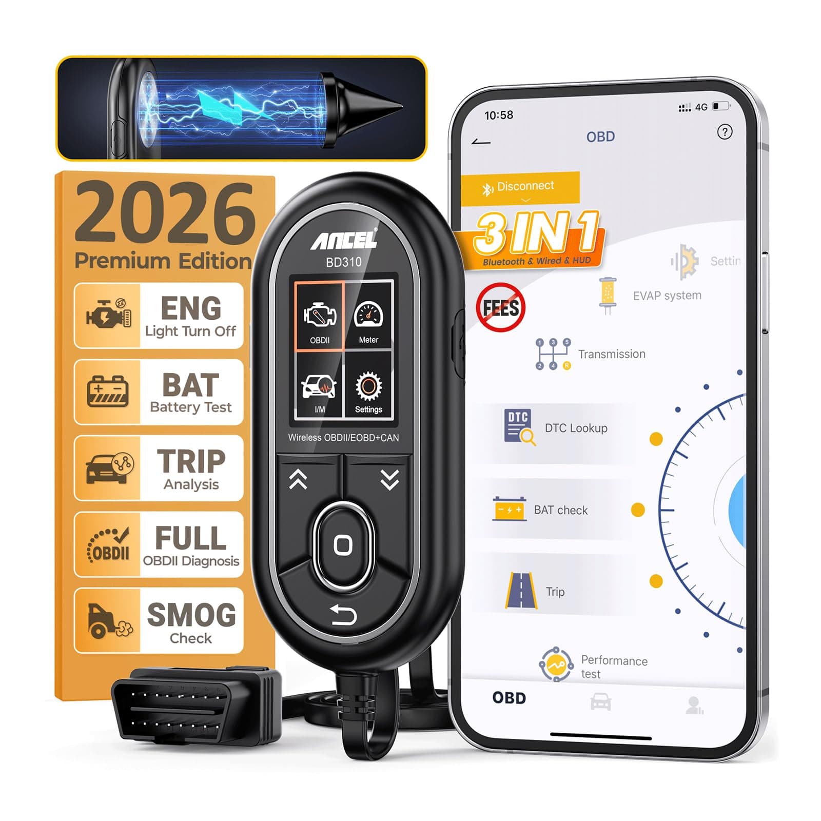 ANCEL BD310 2 in 1 Diagnostic OBD2 Scanner Code Reader Automotive Trip Computer Car Health Monitor & Real-time Performance Monitor