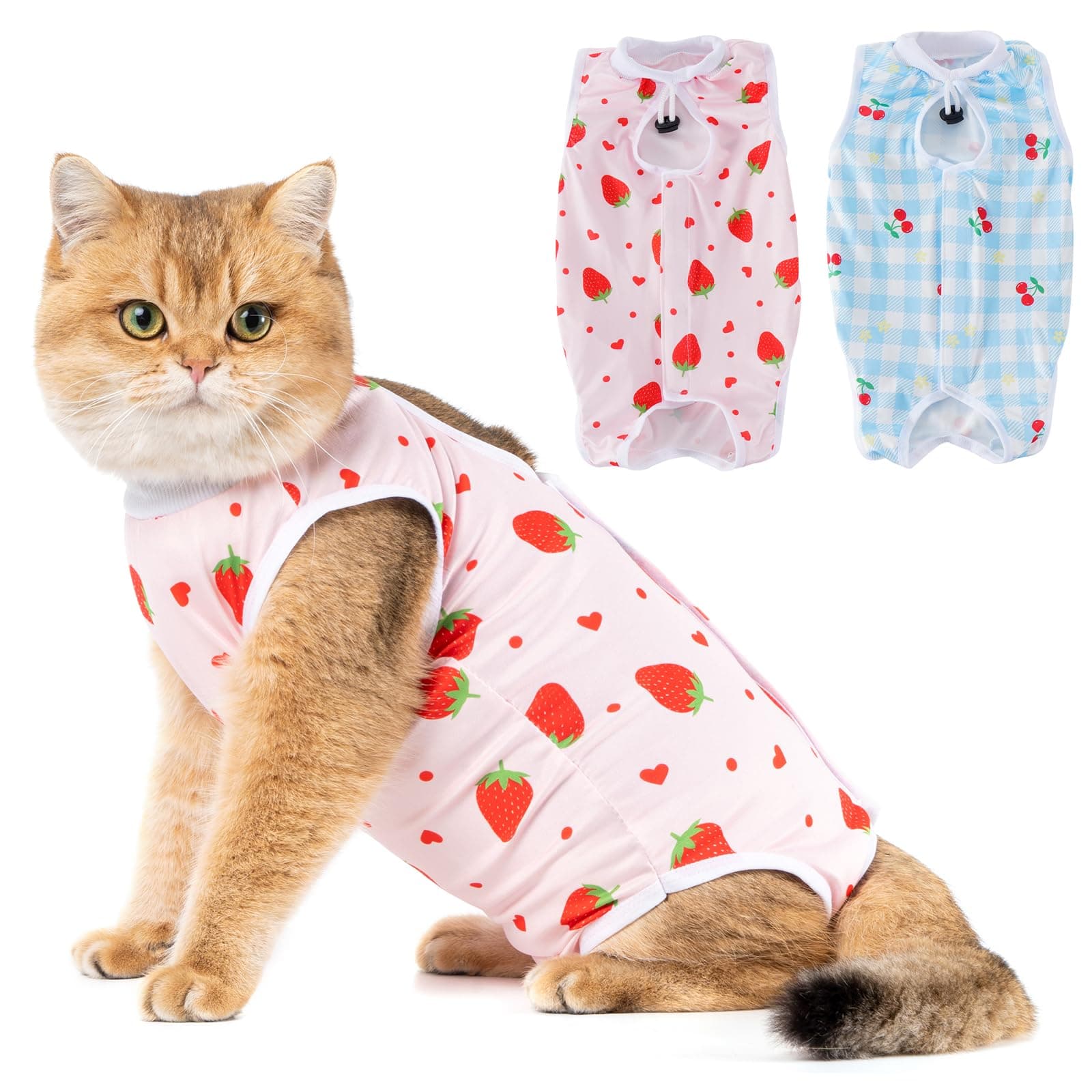 Avont 2 Pack Cat Recovery Suit - Kitten Onesie for Cats After Surgery, Surgical Spay Recovery Suit Female for Abdominal Wounds or Skin Diseases Protection -Cherry/Strawberry(S)