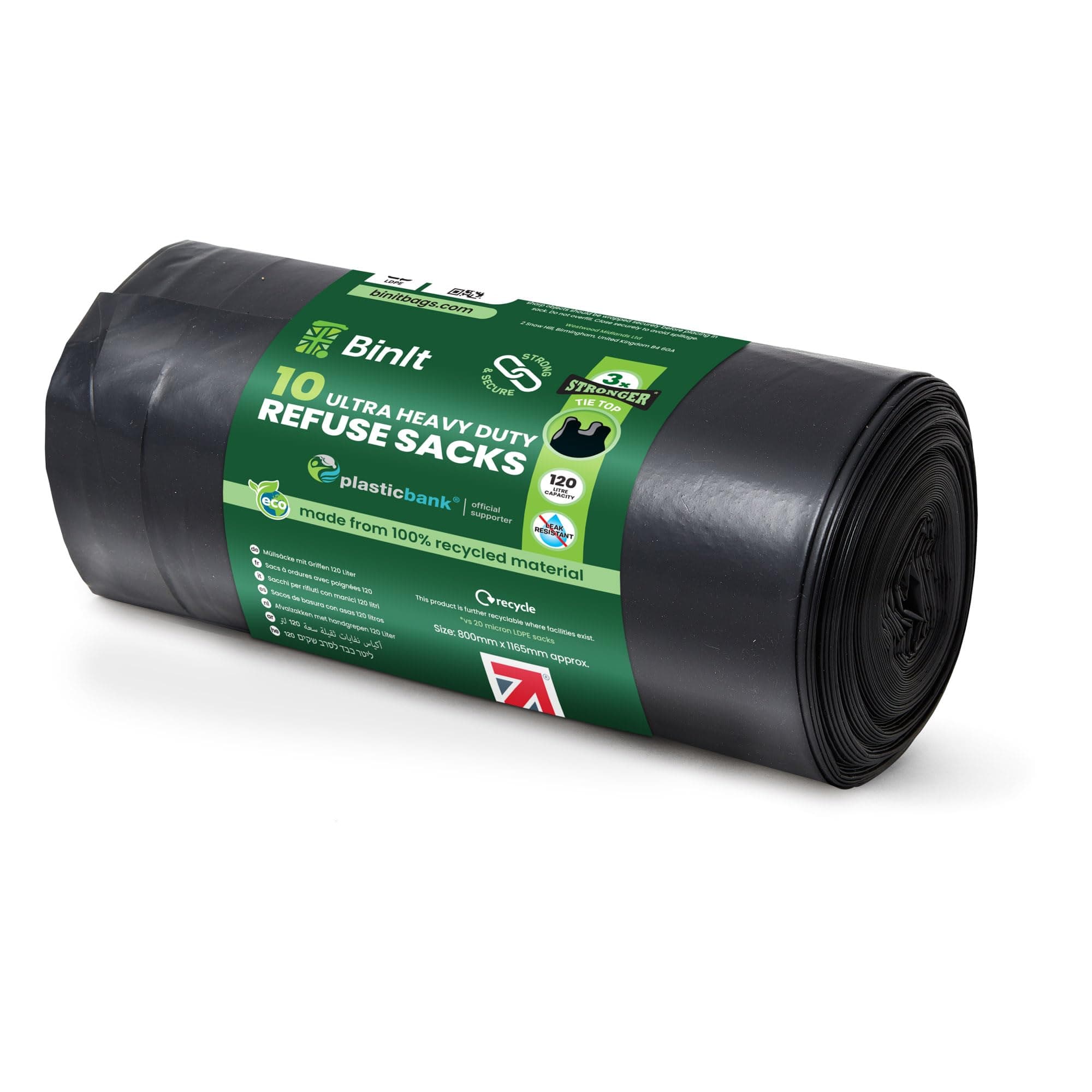 BIN IT 10 Tie Top, Ultra Heavy Duty, 120 Litre XL Refuse Sacks, Bin Bags, Bin Liners, 80kg Lift Tested, Super Strong, 60 μm, Perfect for Household, Office, Garden, Commercial, DIY, Caterers, Builders