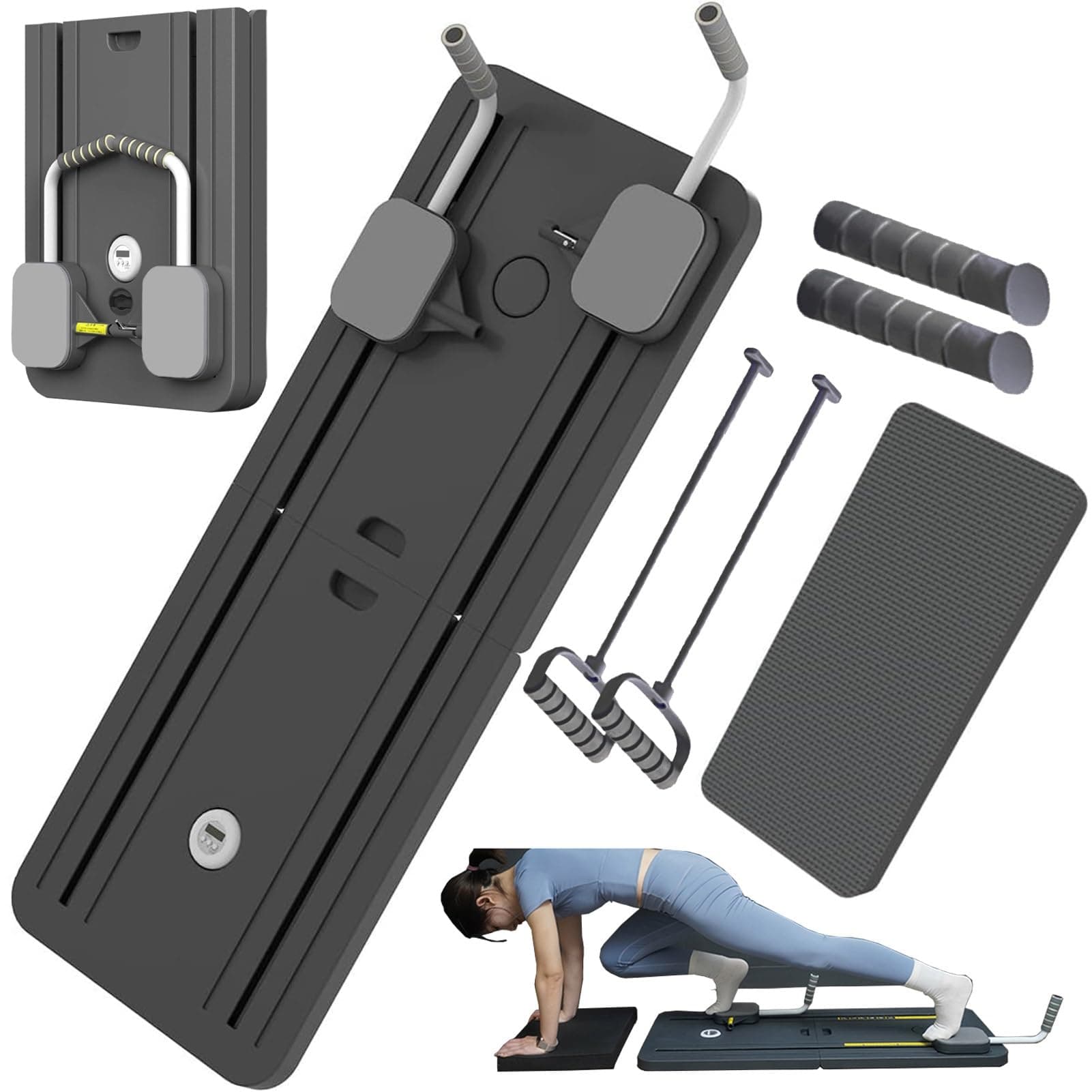 Pilates Reformer Machine Board Set Ab Roller Exercise Wheel Automatic Rebound Foldable Pilates Board Abdominal Exercise Equipment with Resistance Rope and Timer