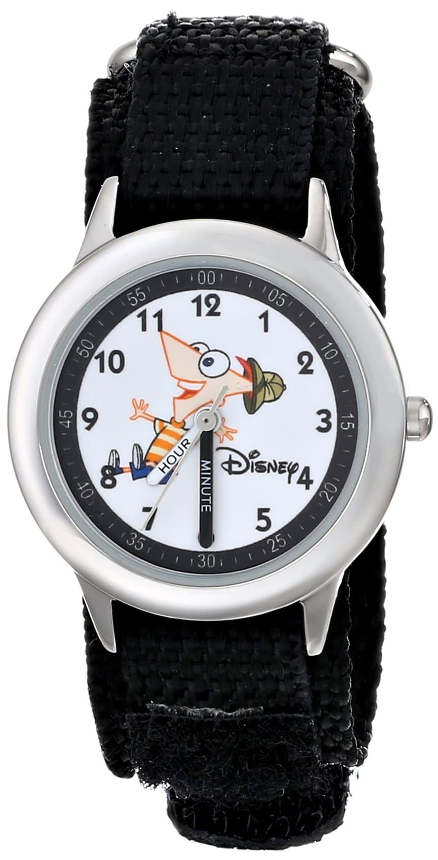 Disney By Ewatchfactory Kids Phineas and Ferb Quartz Watch with White Dial Time Teacher Display and Black Nylon Strap W000158