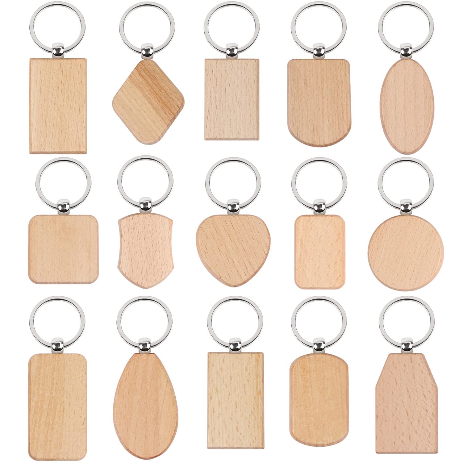 MIKIMIQI 15 Pcs Wood Engraving Blanks Wooden Keychain Blanks Assorted Unfinished Wooden Key Tag Key Ring for DIY Gift Crafts Laser Engraving Wood Key Chain Blanks
