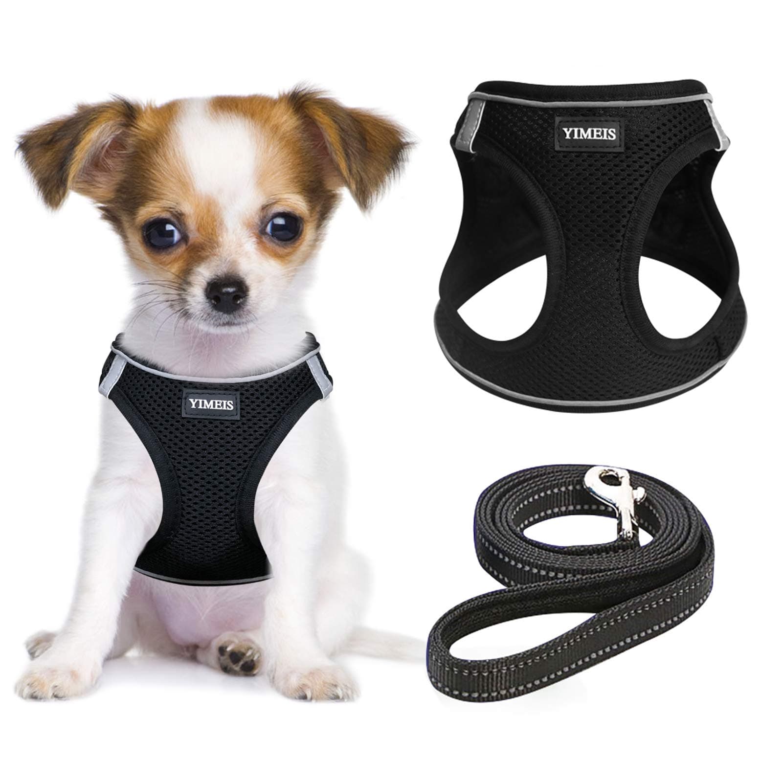 YIMEIS Dog Harness and Leash Set, No Pull Soft Mesh Pet Harness, Reflective Adjustable Puppy Vest for Small Medium Large Dogs, Cats (Black, X-Small (Pack of 1))