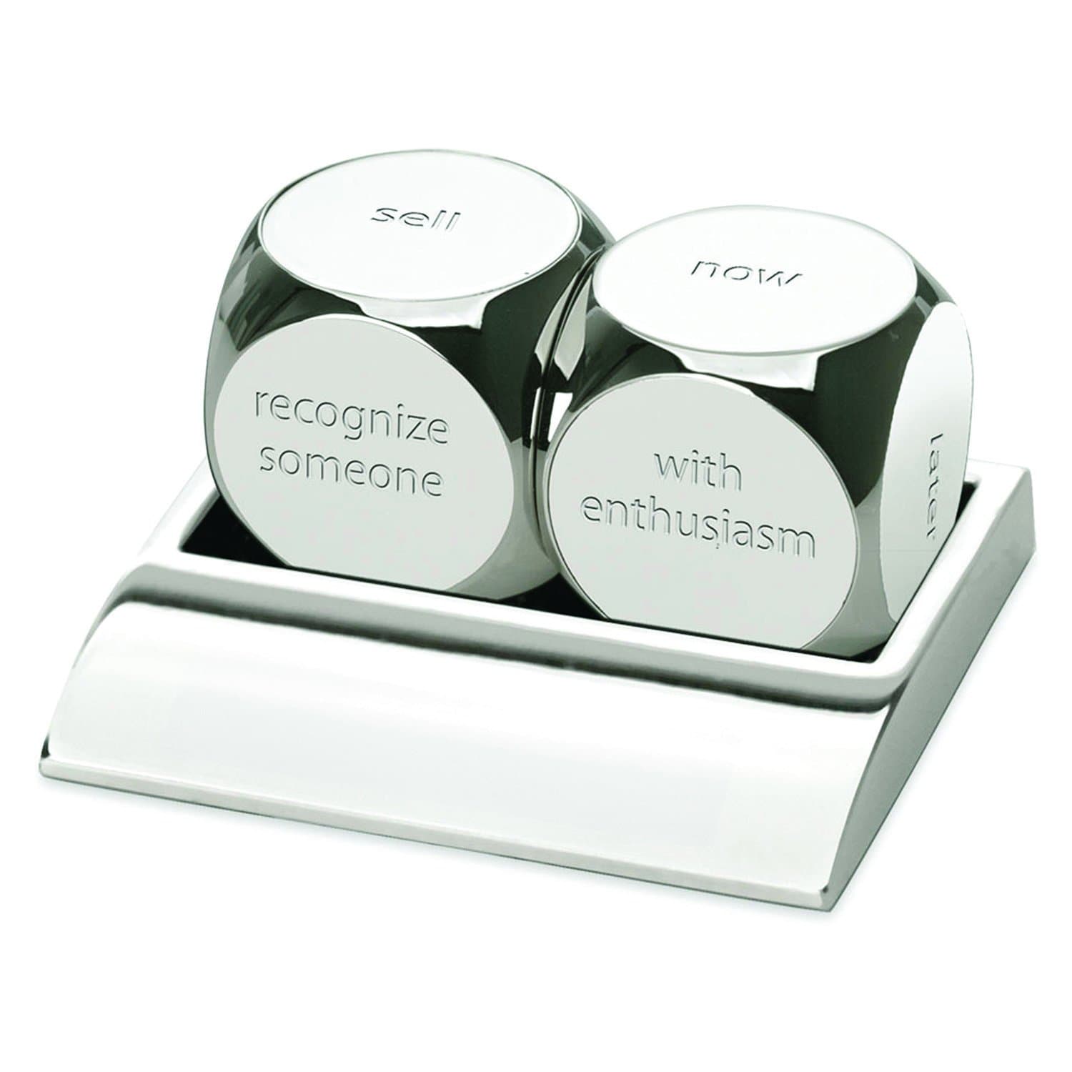 3-in-1 Executive Decision Dice Set. Die #1 "Buy, Sell, Take A Break, Set A Goal, Make A Change, Recognize Someone". Die #2 "With Confidence, With Enthusiasm, Later, Now, Tomorrow, Maybe". Silver