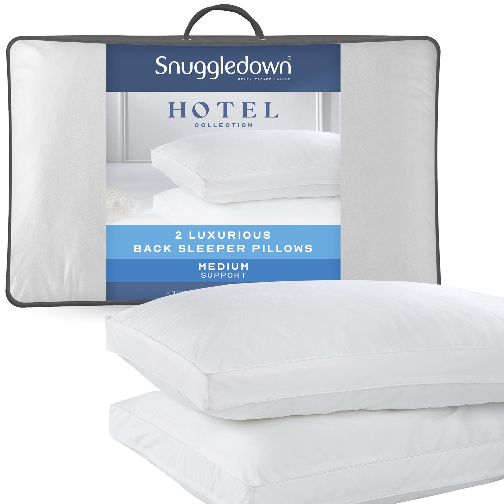 Snuggledown Hotel Collection Back Sleeper Pillows 2 Pack - Supportive & Breathable Boxed Pillow for Back Sleepers | Cotton Cover, UK-Made, Non-Allergenic, Machine Washable (43 x 69cm)