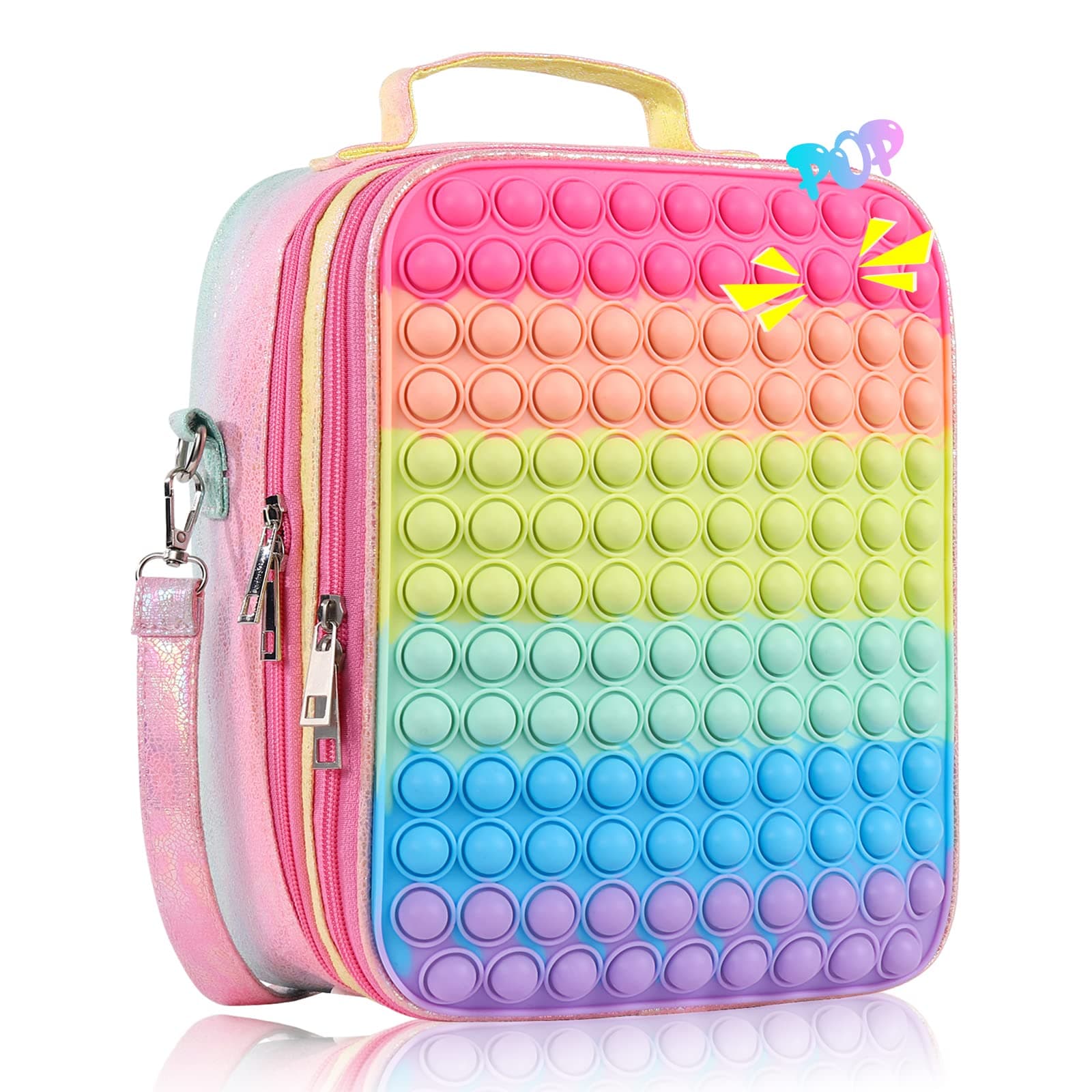 Pop Lunch Box for Girls Kids Insulated Lunch Bag, Rainbow Push Bubble Girls Lunch Box for School Supplies Office, Leakproof Cooler Lunch Tote Bag with Adjustable Strap, Birthday Back to School Gifts